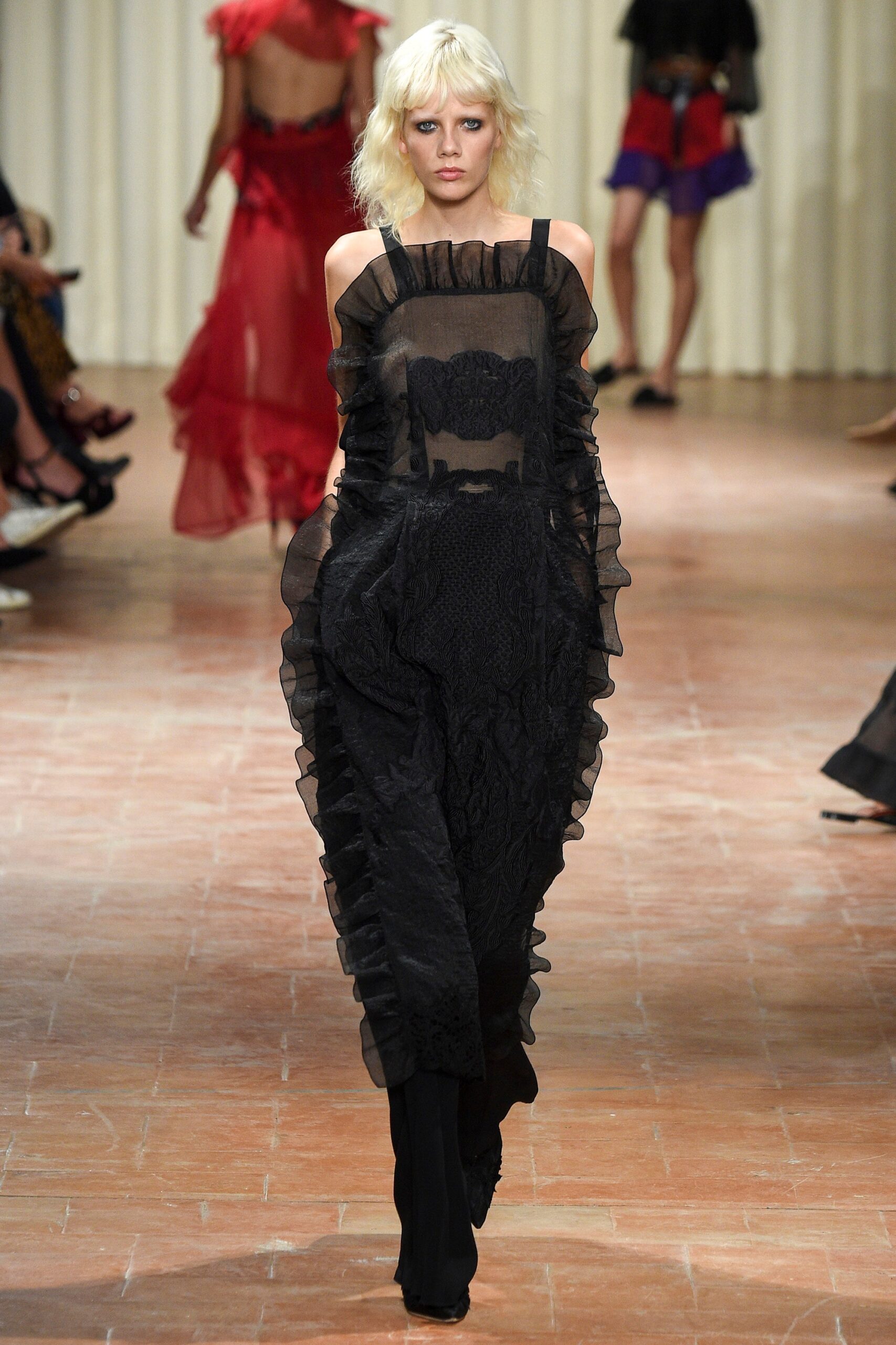 black silk ruffled midi dress