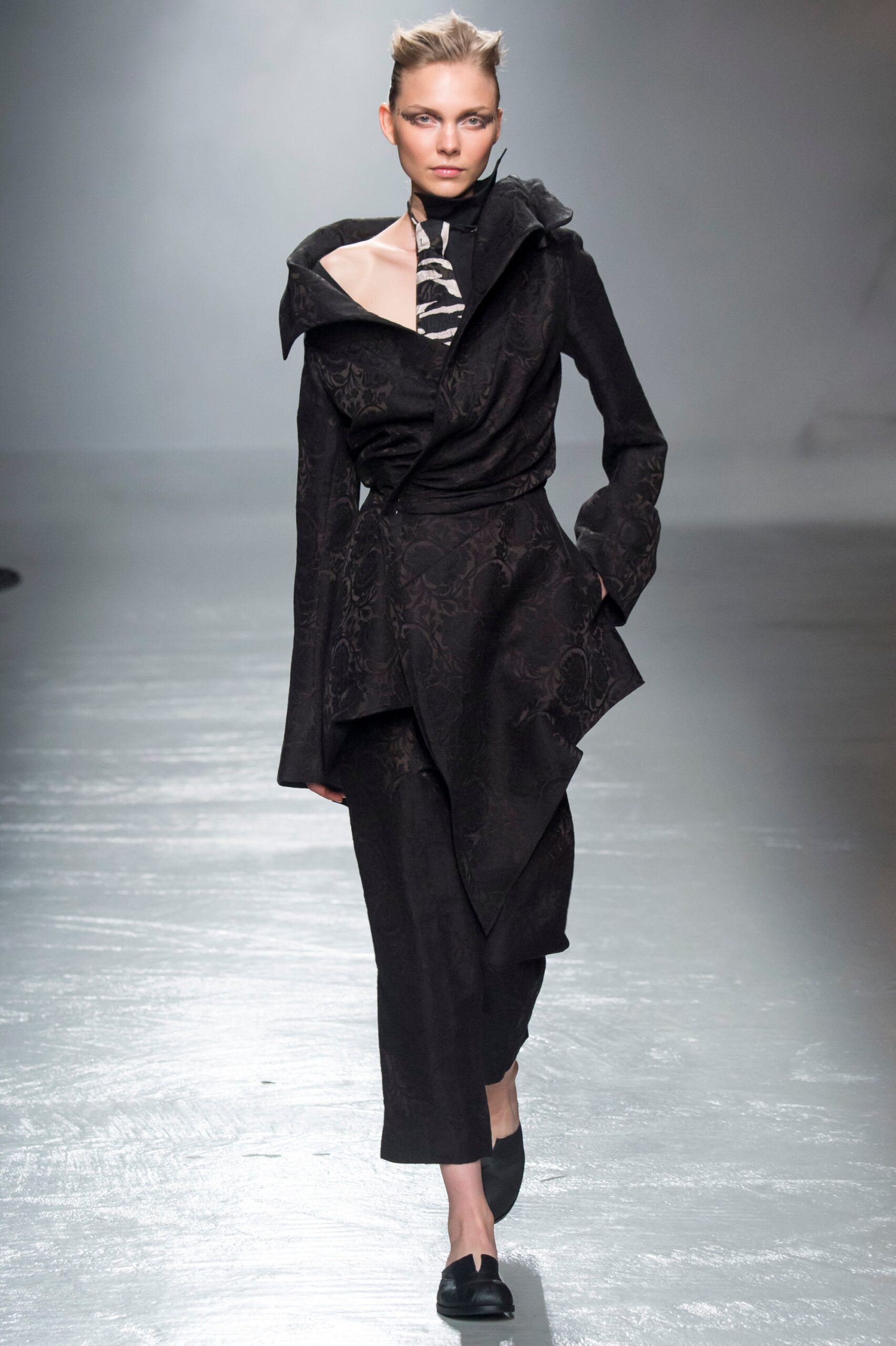 black silk long-sleeve collared fitted draped jacket