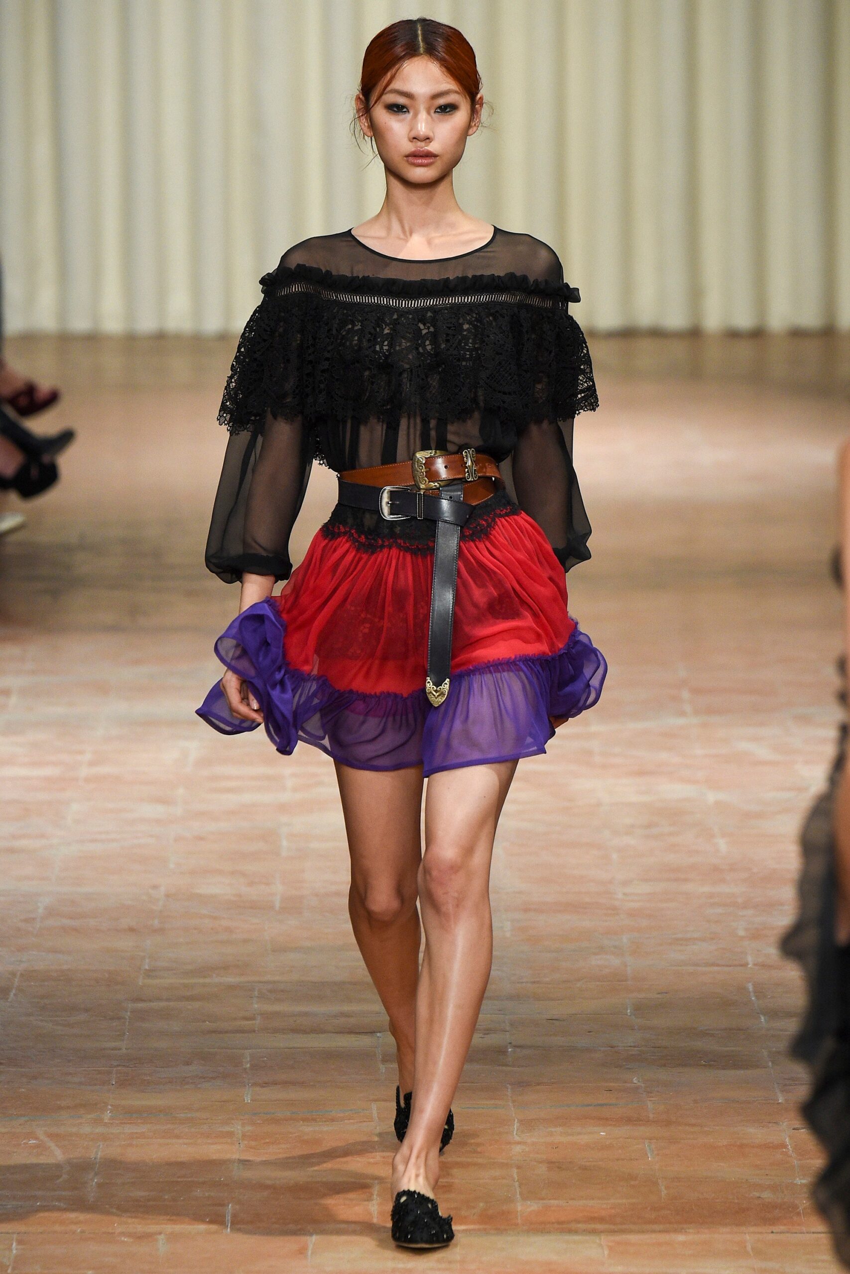 black silk off-shoulder top with tiered mini skirt