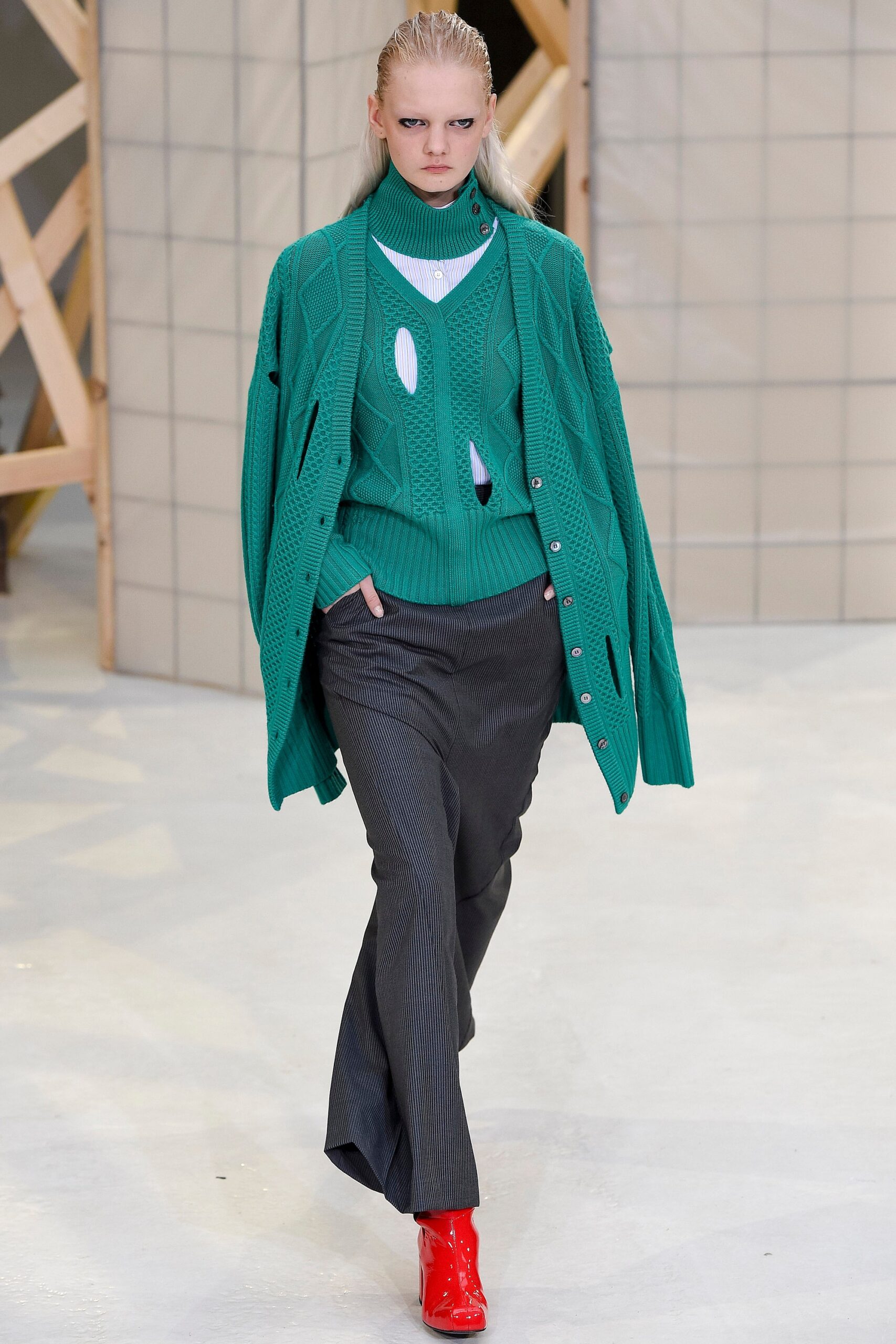 green cardigan with tailored pants