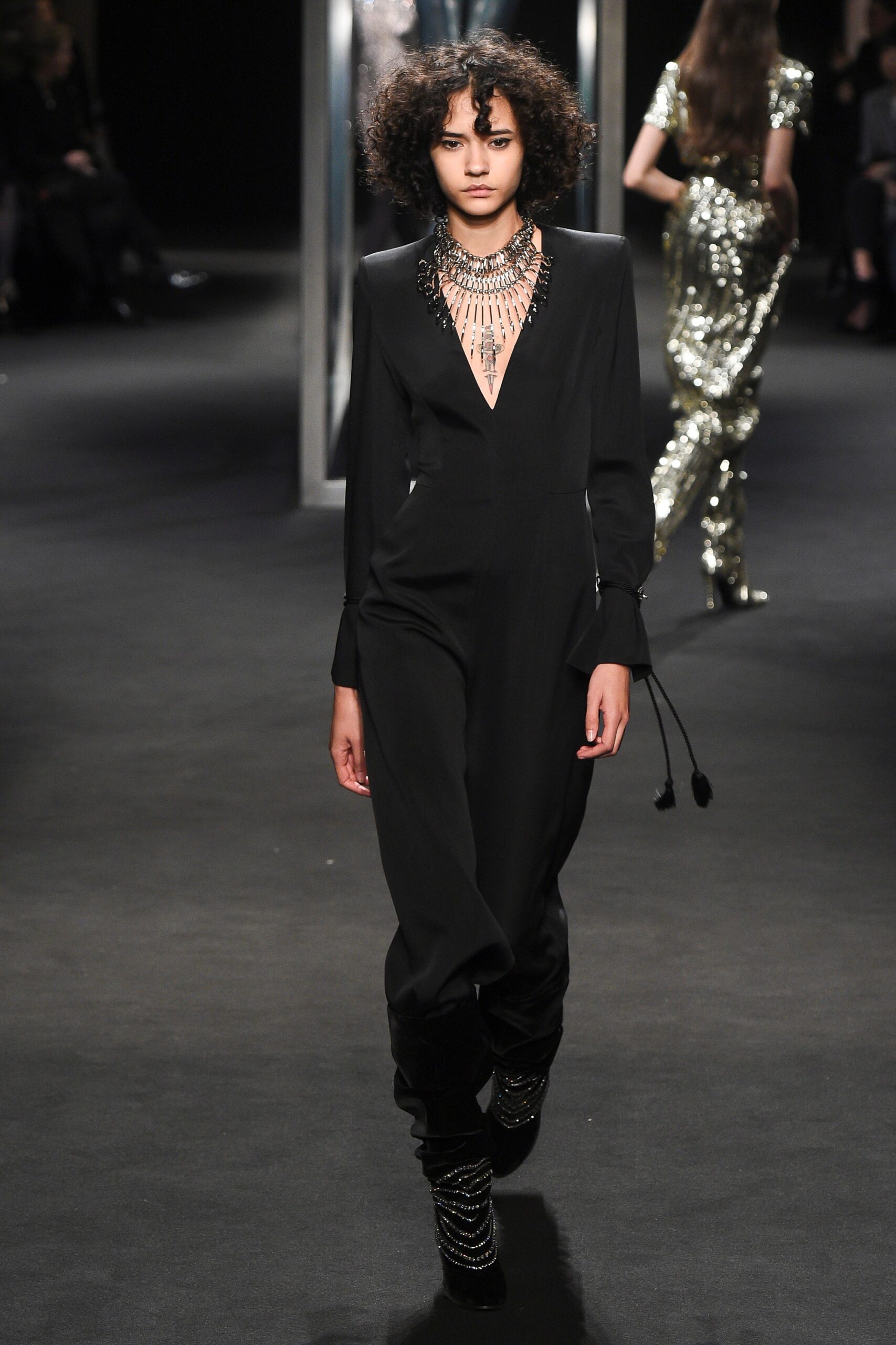 black fitted silk jumpsuit