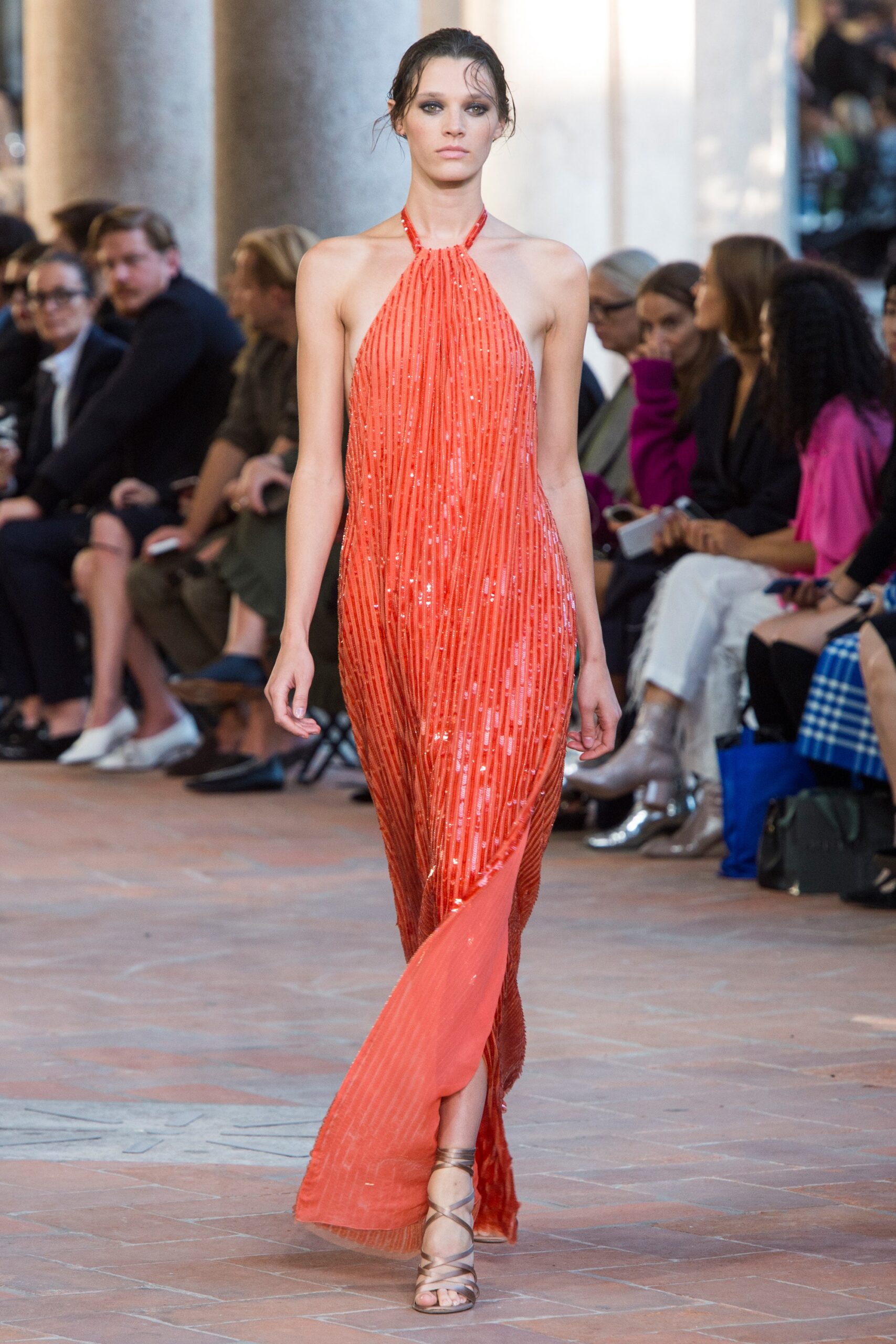 fitted orange silk gown