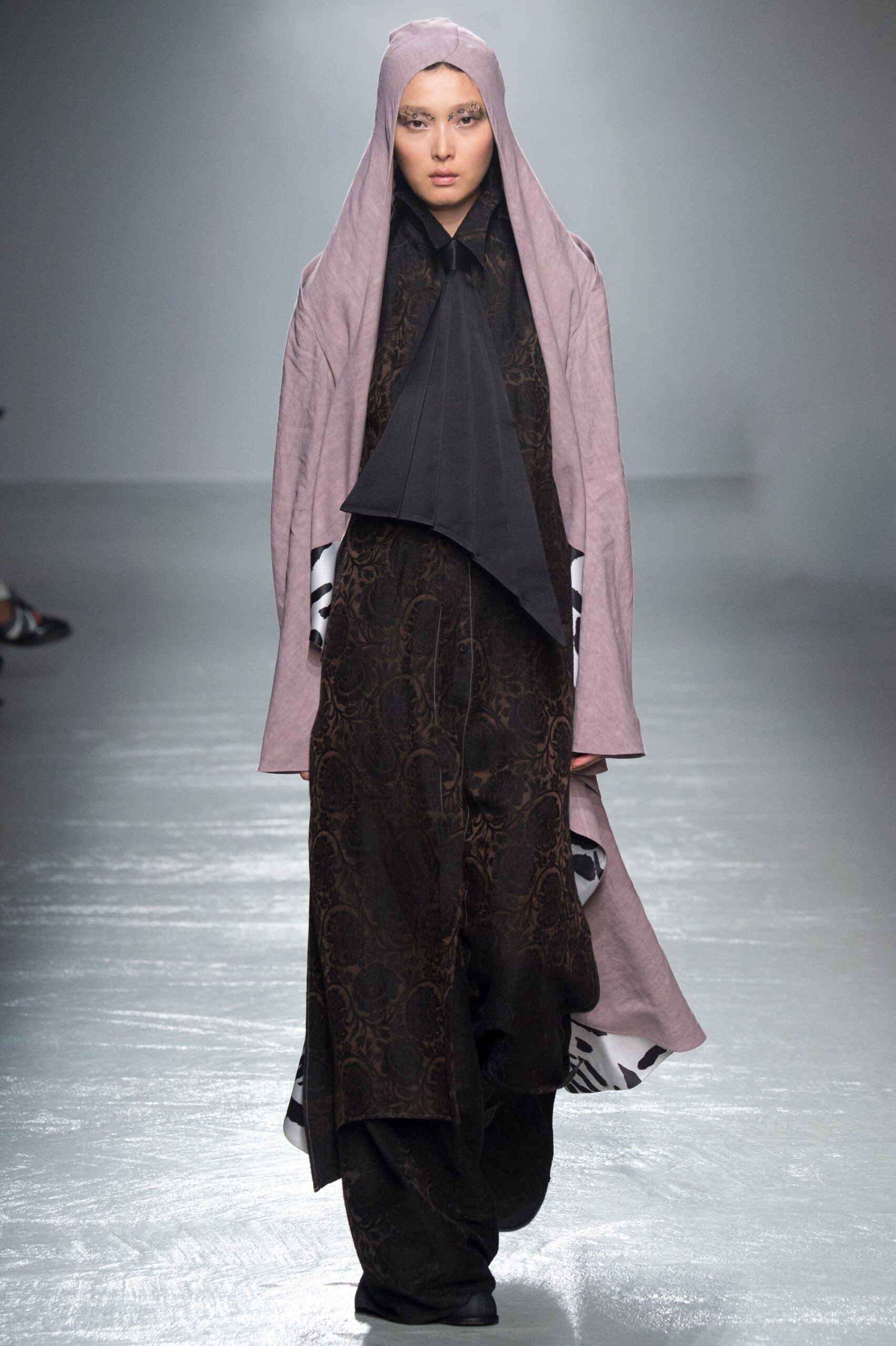 black silk relaxed maxi dress with pink cape