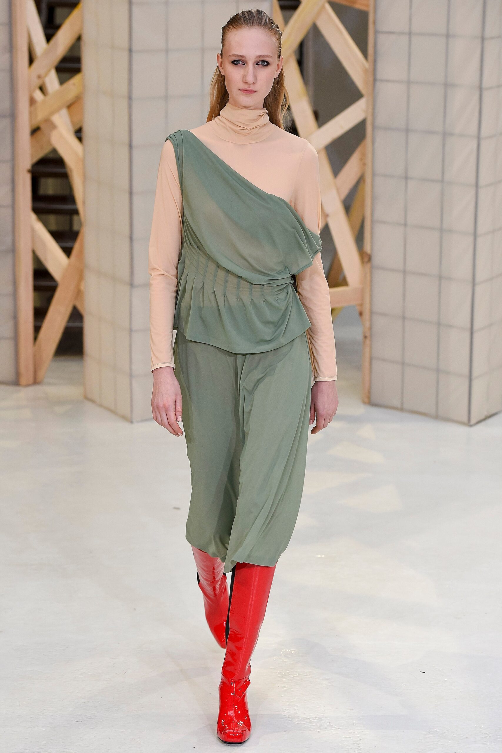 beige and green relaxed top with wide-leg pants