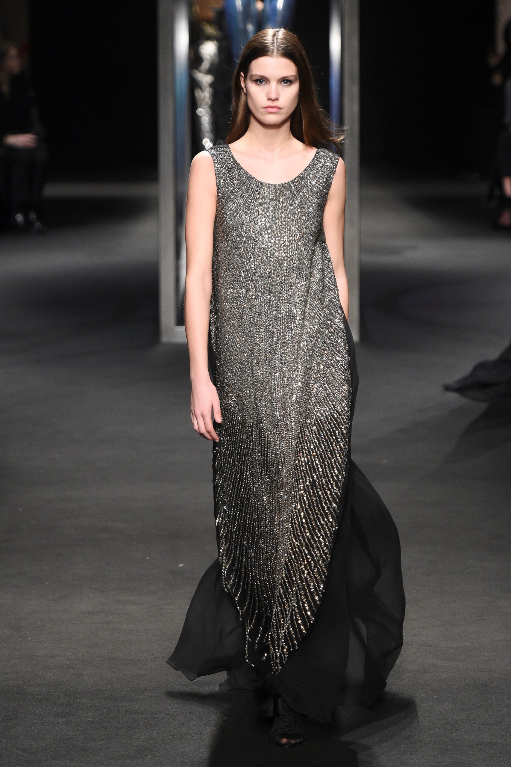 black sequin sleeveless gown