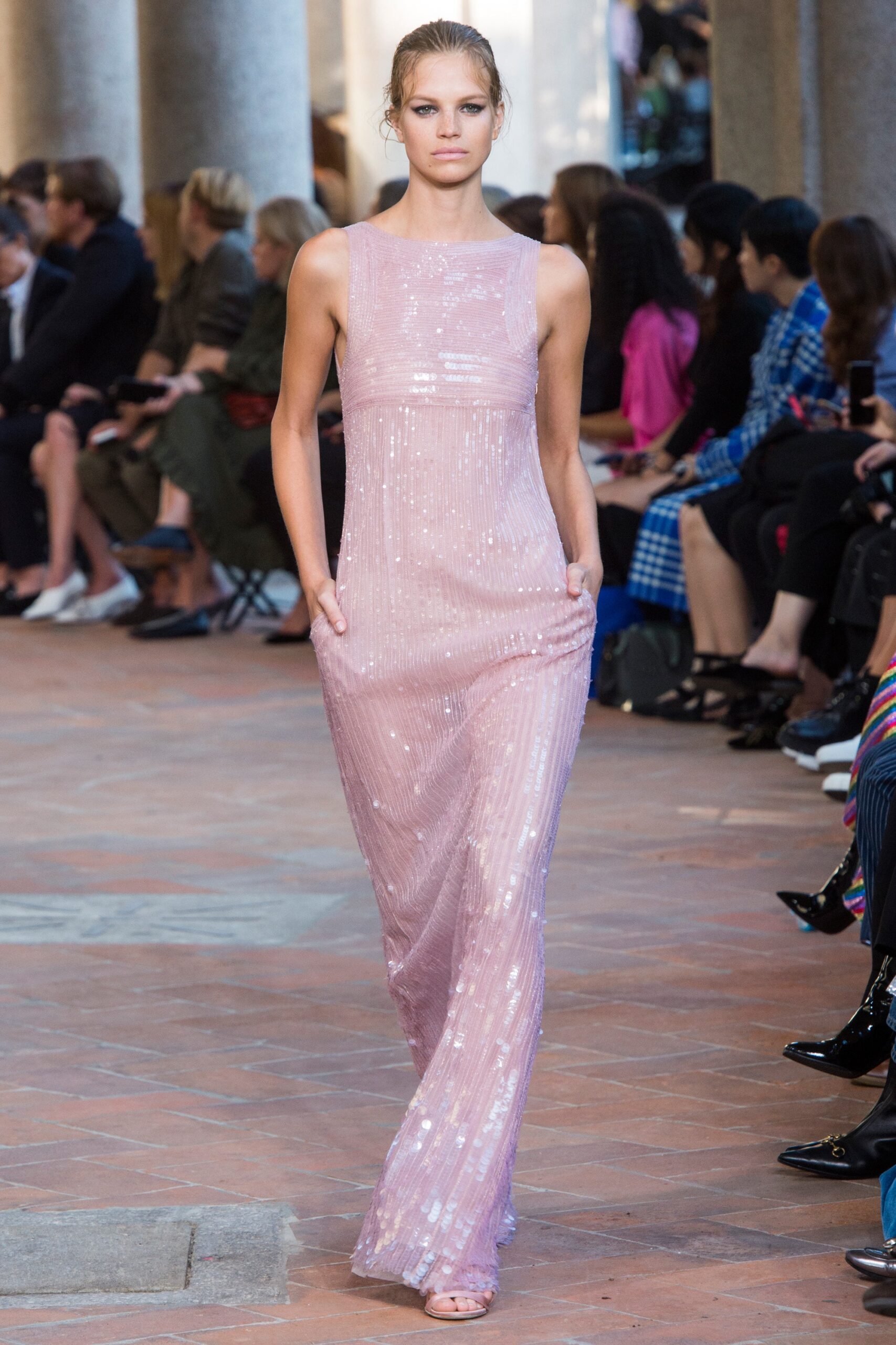 fitted pink sequin gown