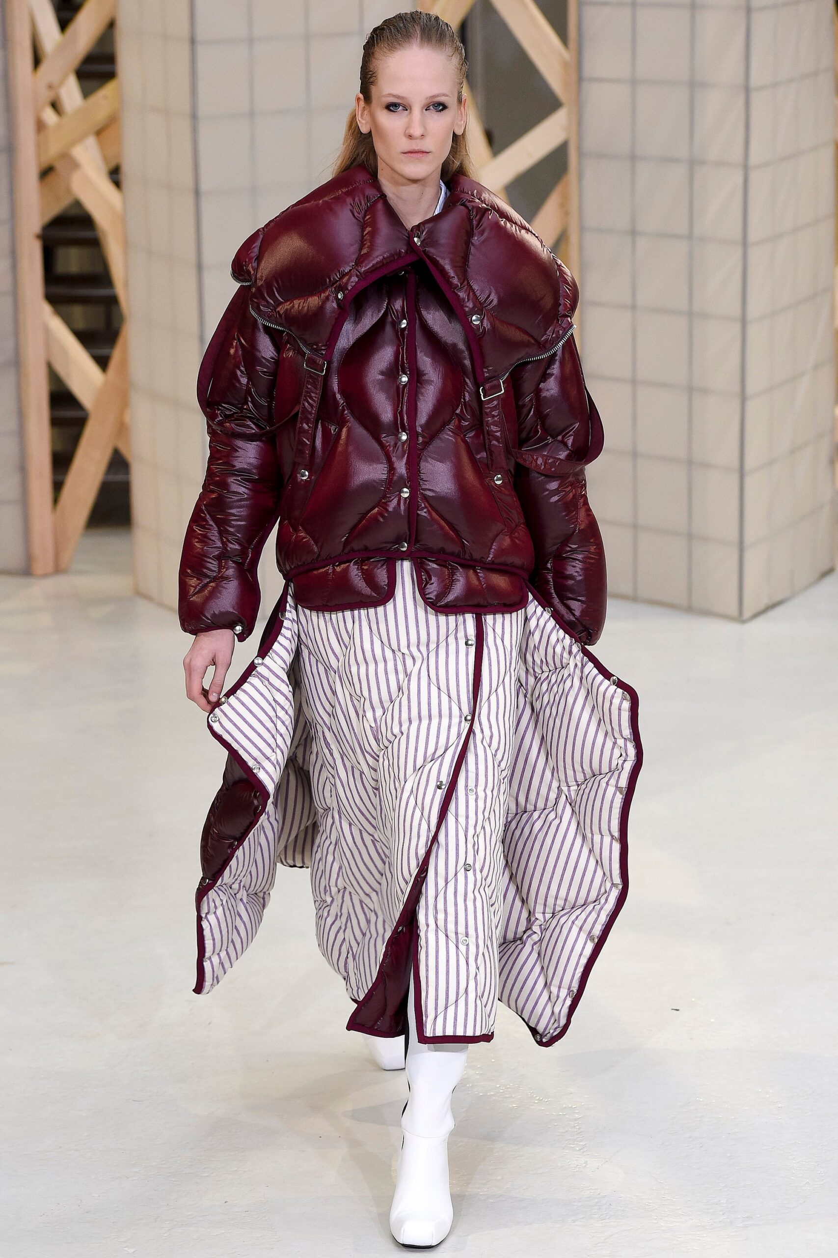 maroon vinyl long-sleeve collared oversized padded jacket