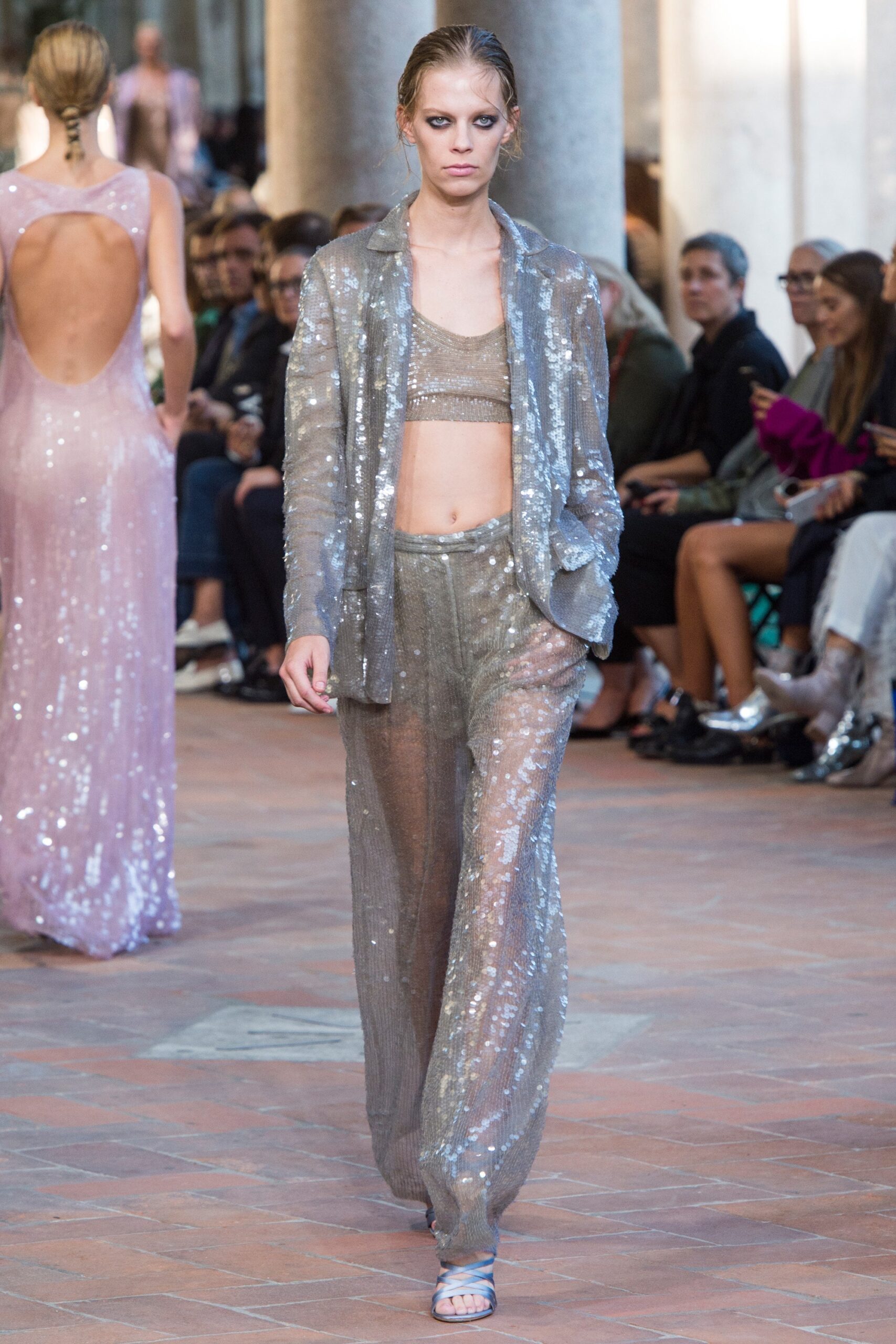 gray sequin sleeveless fitted shiny cropped top