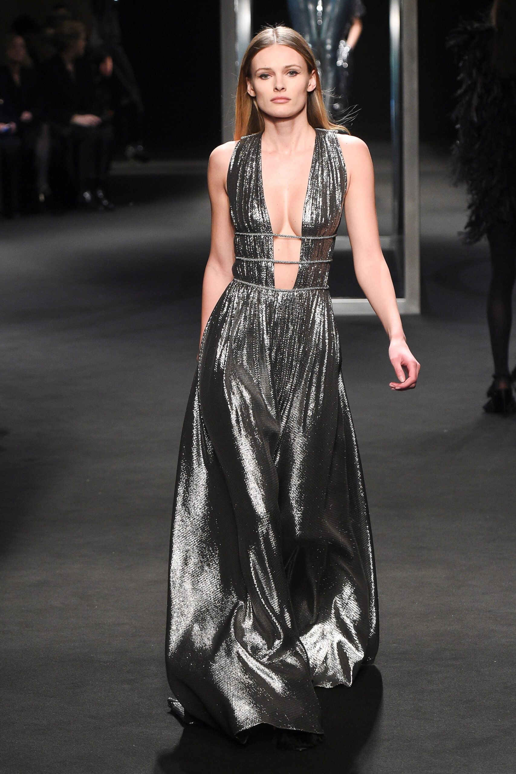 silver metallic sleeveless gown