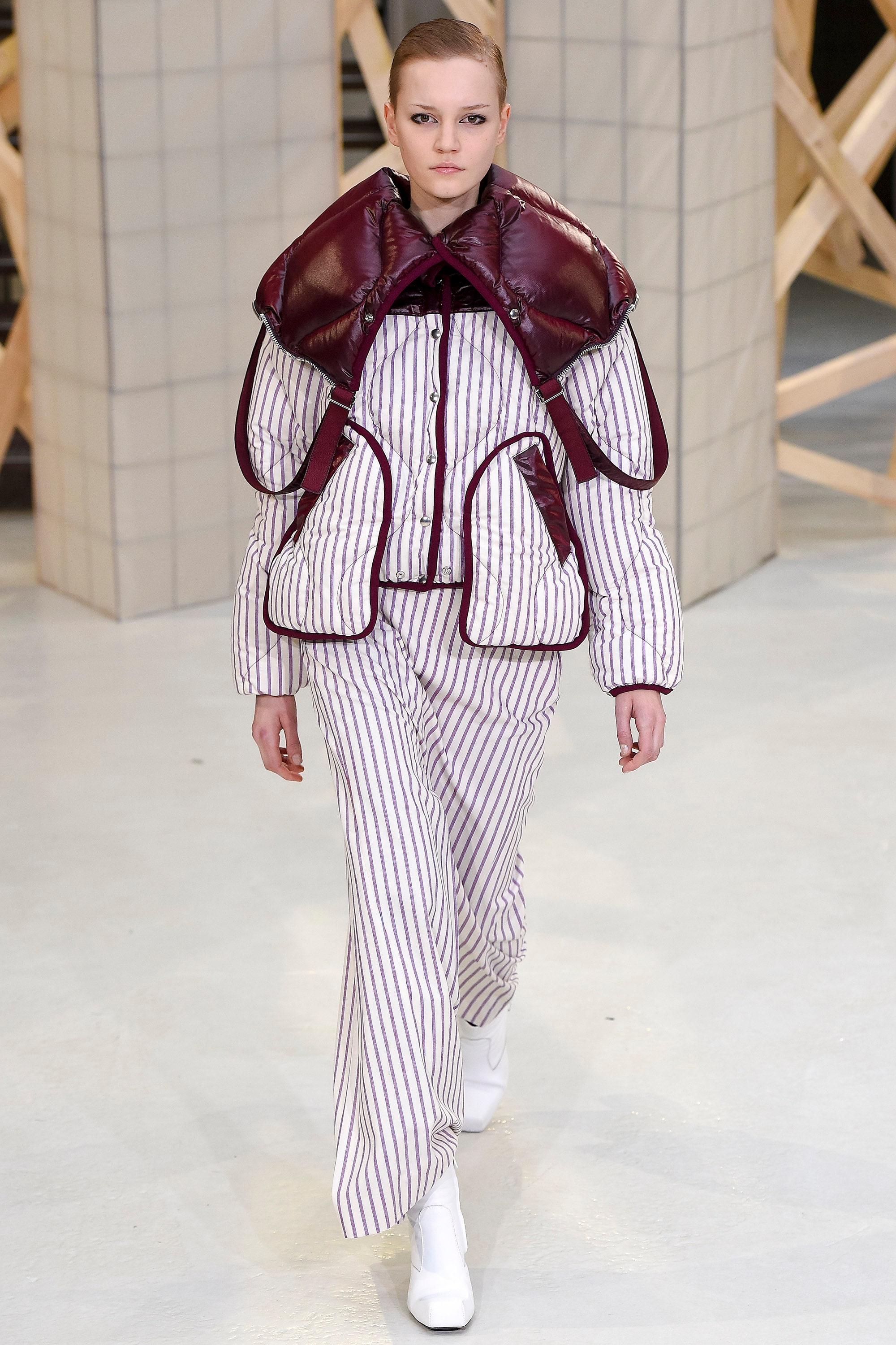 burgundy and white striped jacket and pants