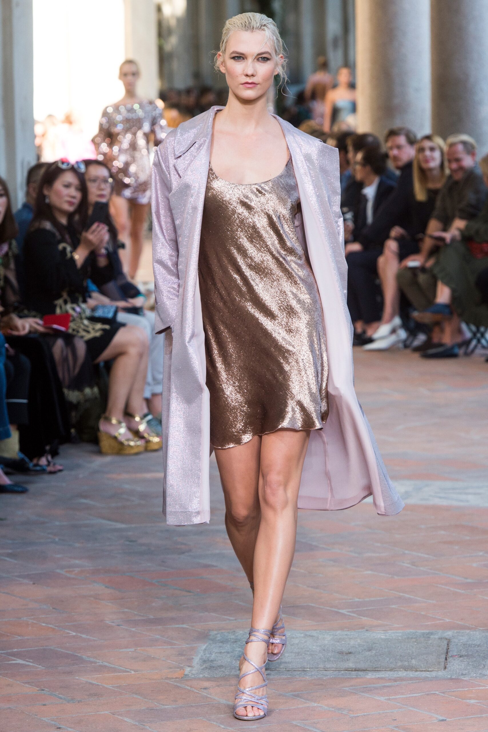 pink silk long-sleeve collared relaxed draped shiny coat