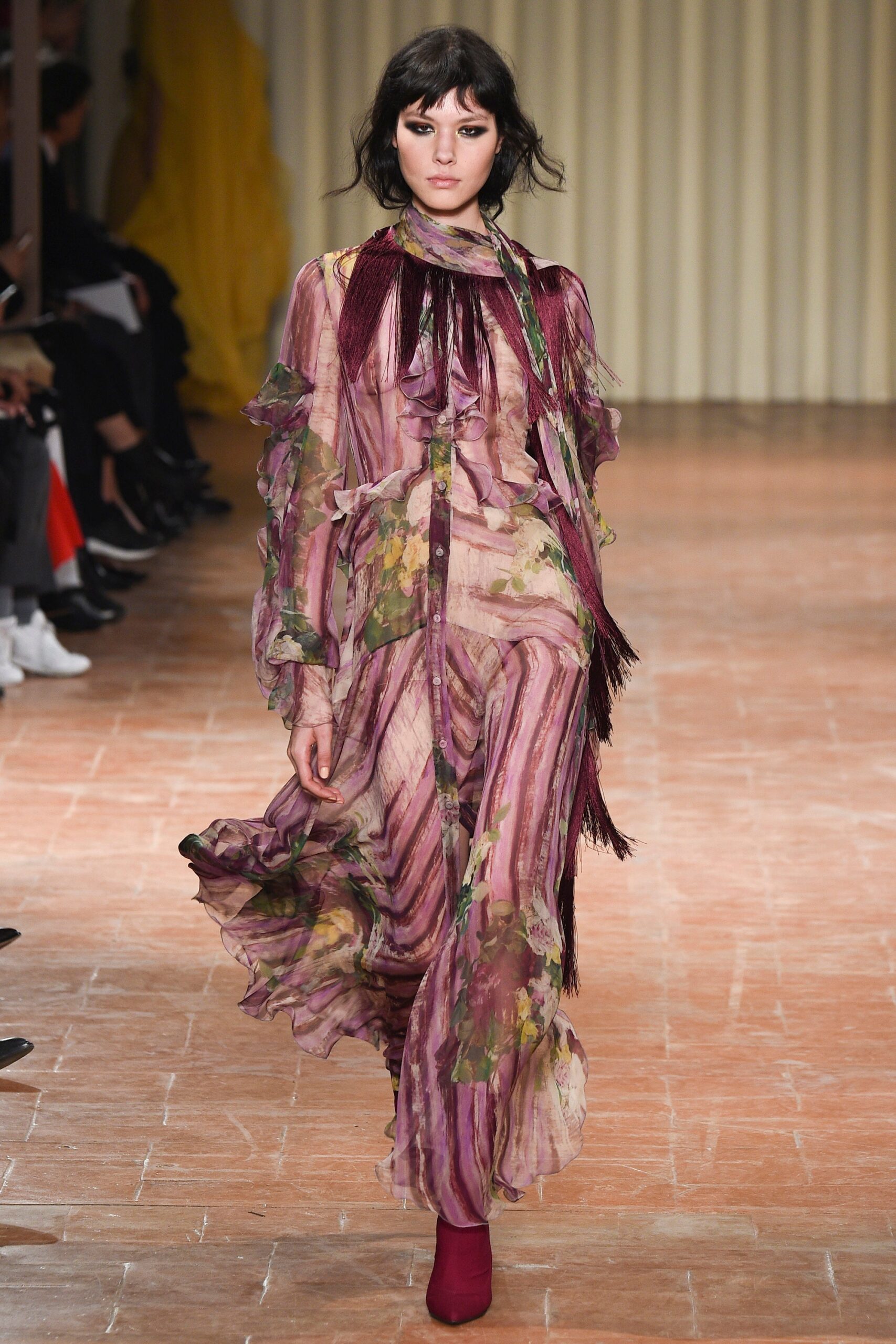 purple pink green ruffled dress
