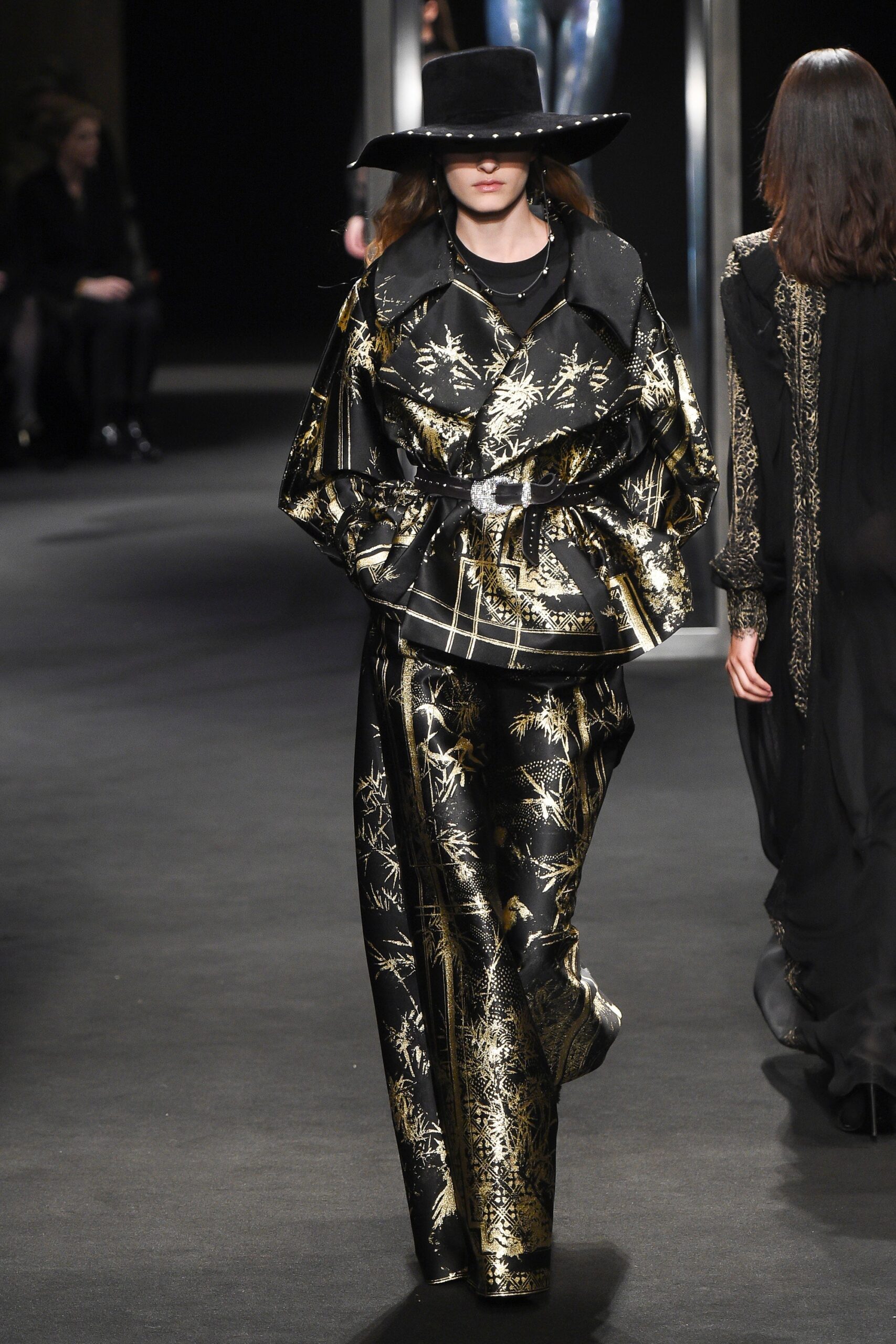 black silk long-sleeve collared relaxed embroidered layered coat