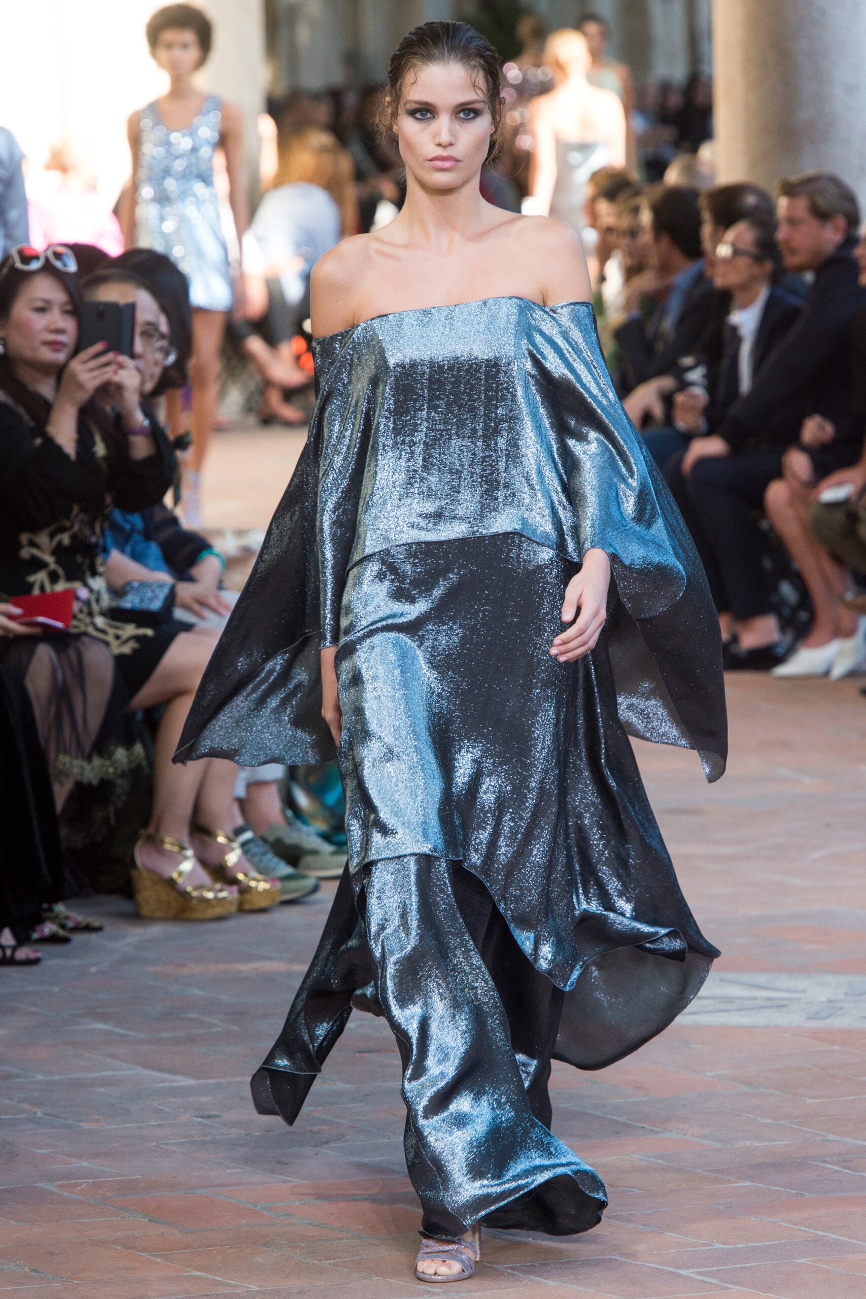 blue silk off-shoulder dress