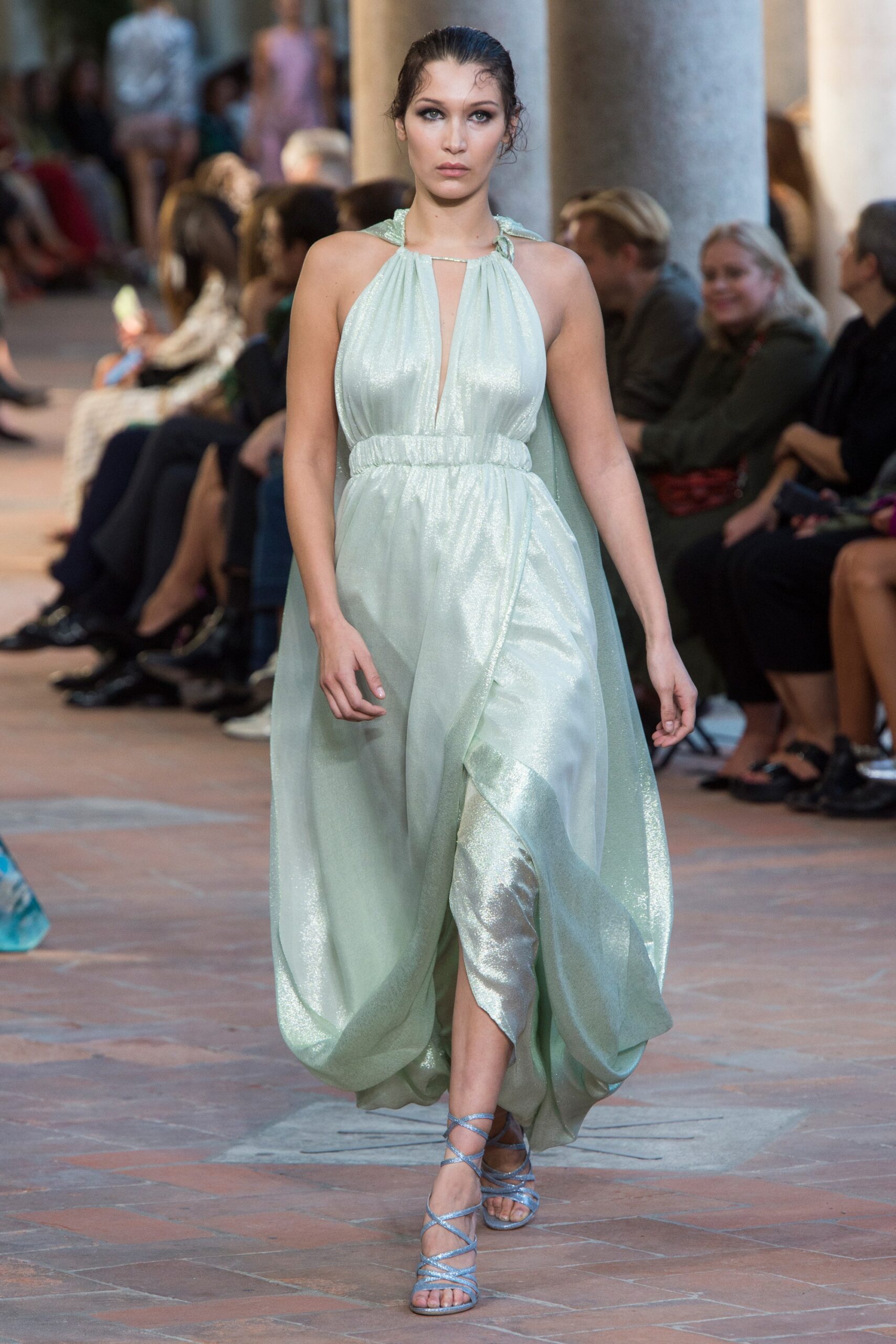green silk halterneck dress