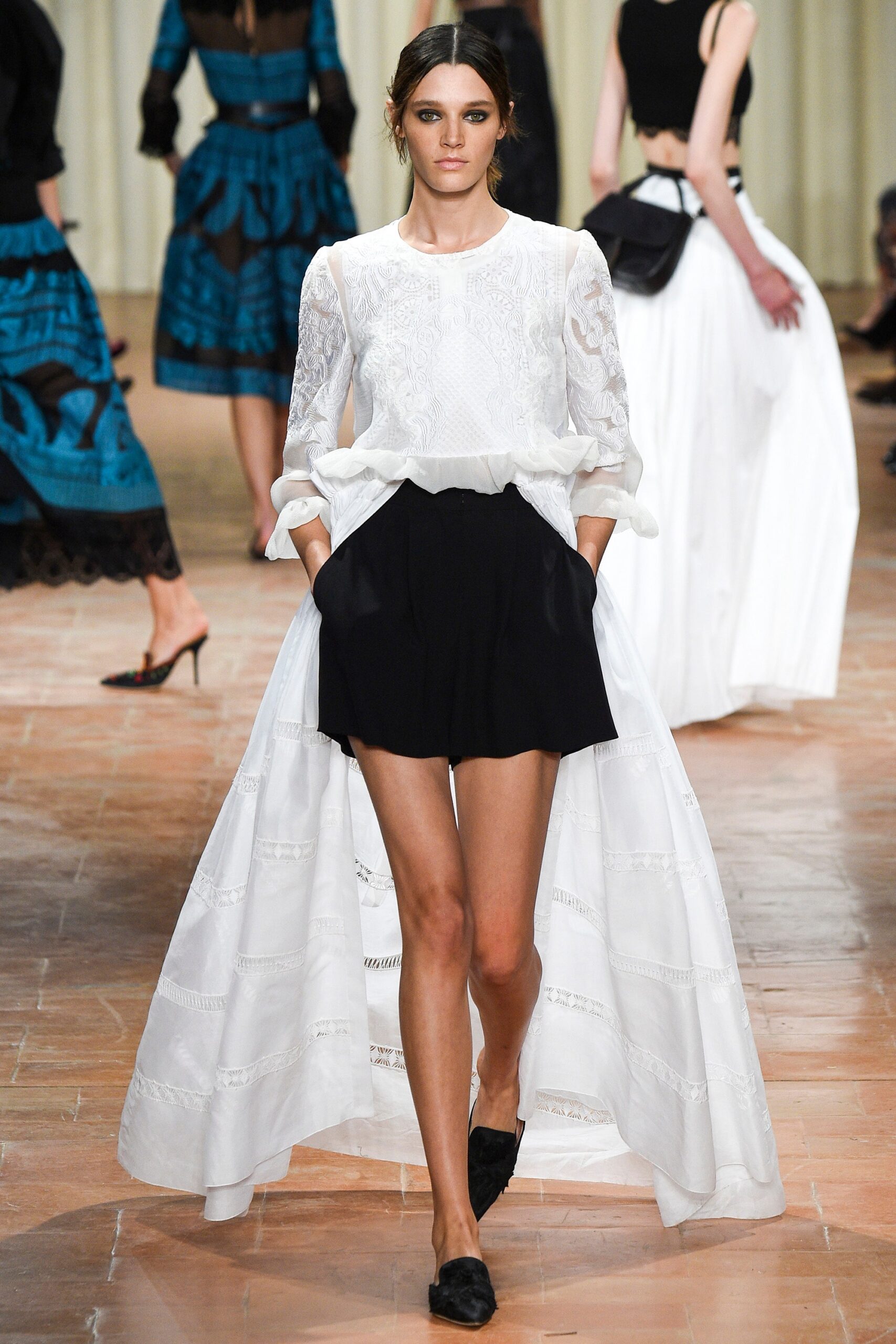white lace blouse black skirt