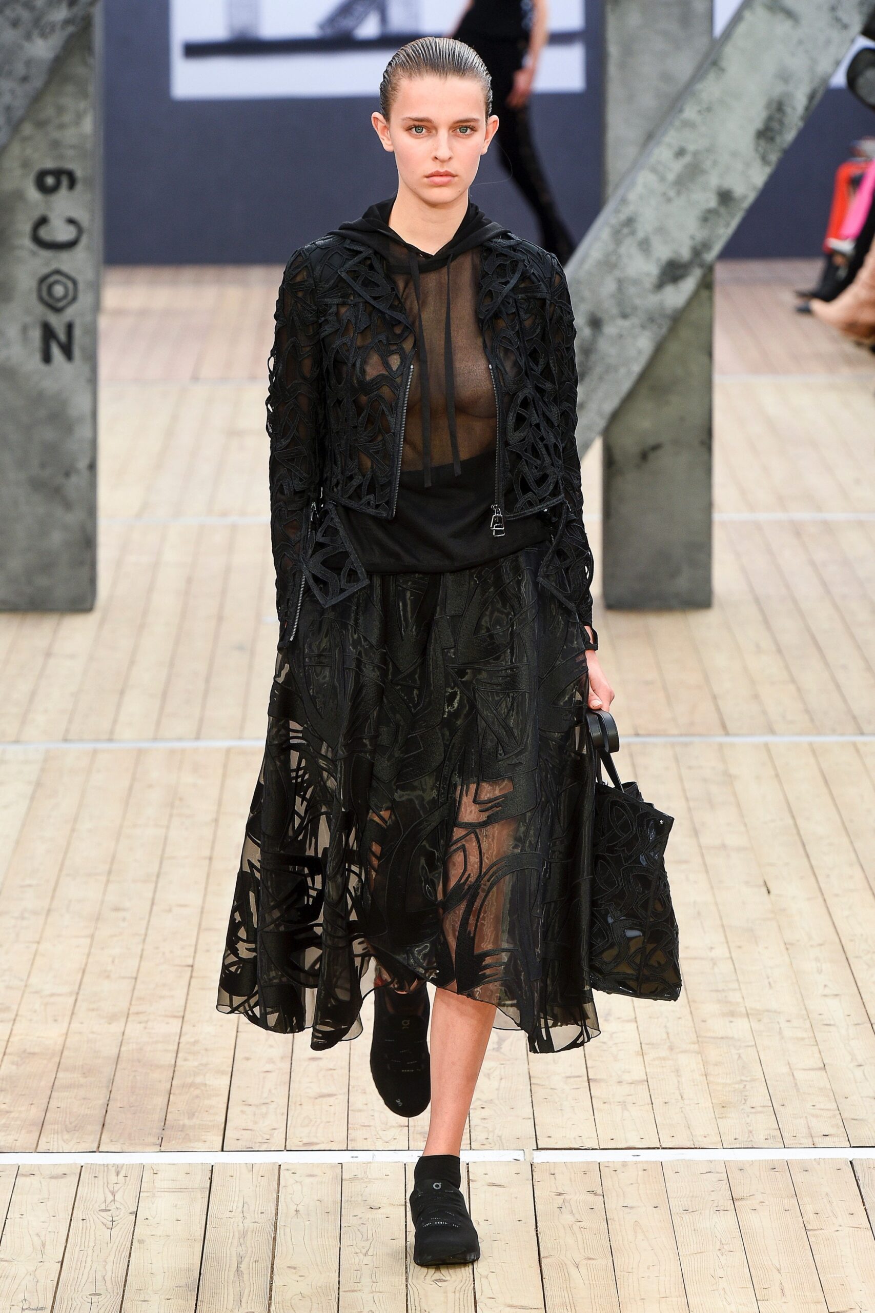 black mesh hoodie and skirt