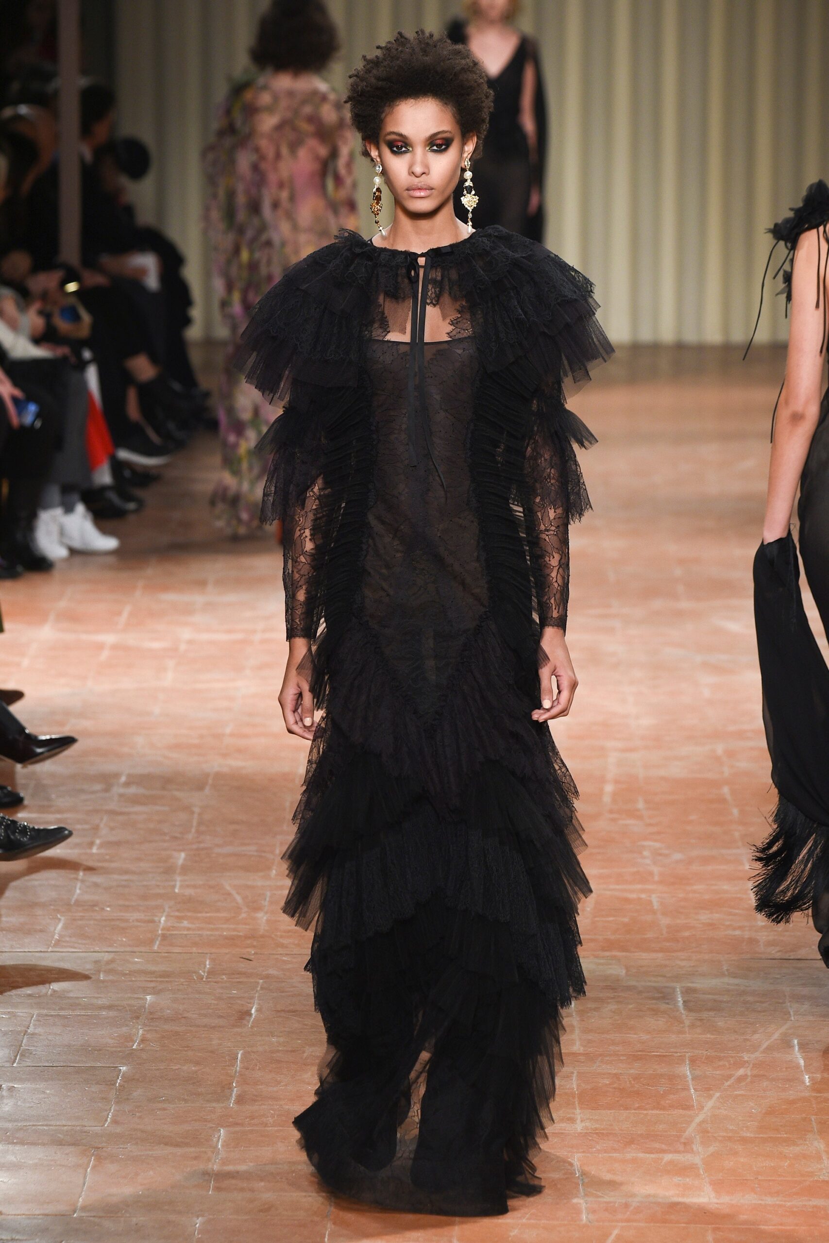 black ruffled lace gown