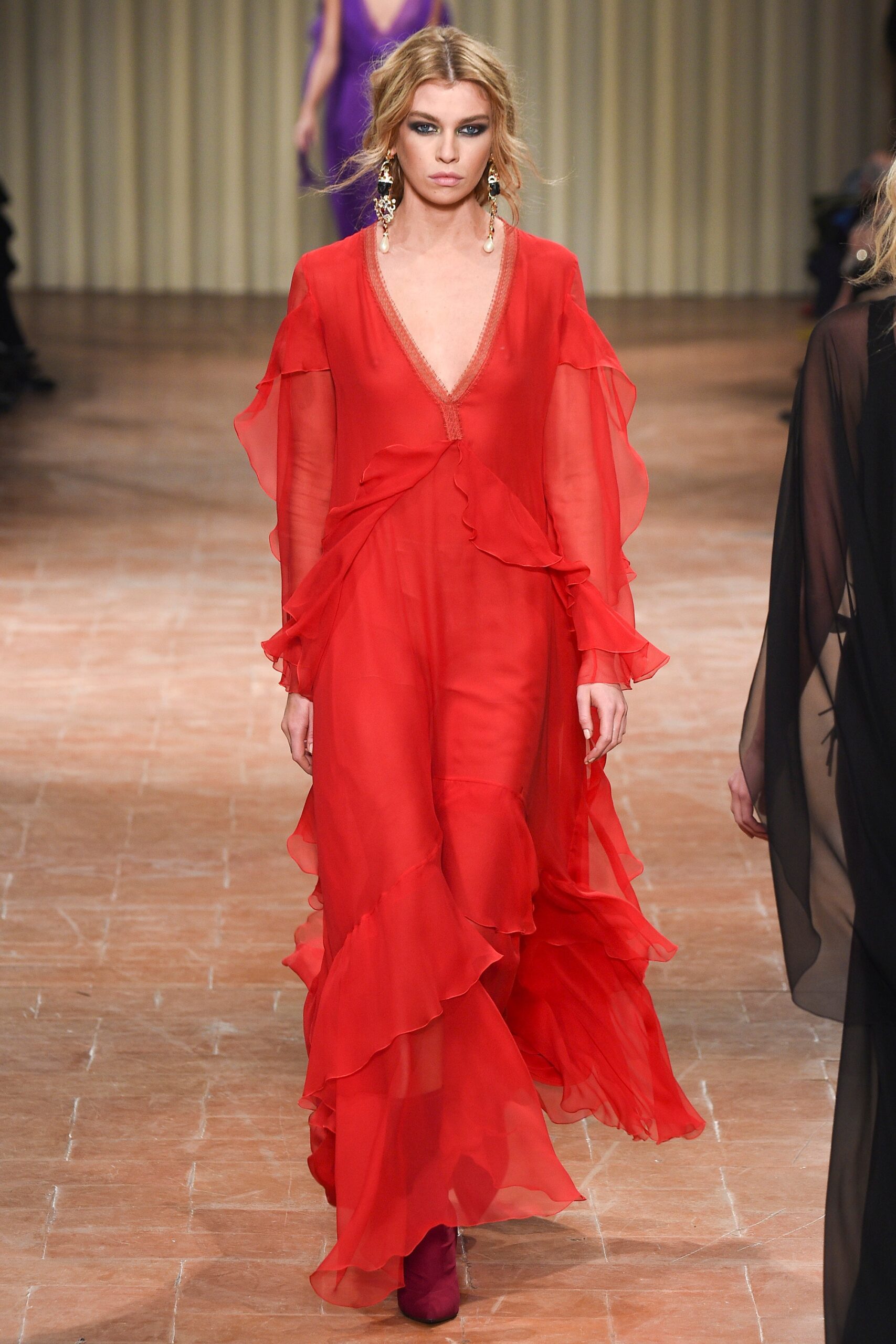 red silk ruffled gown