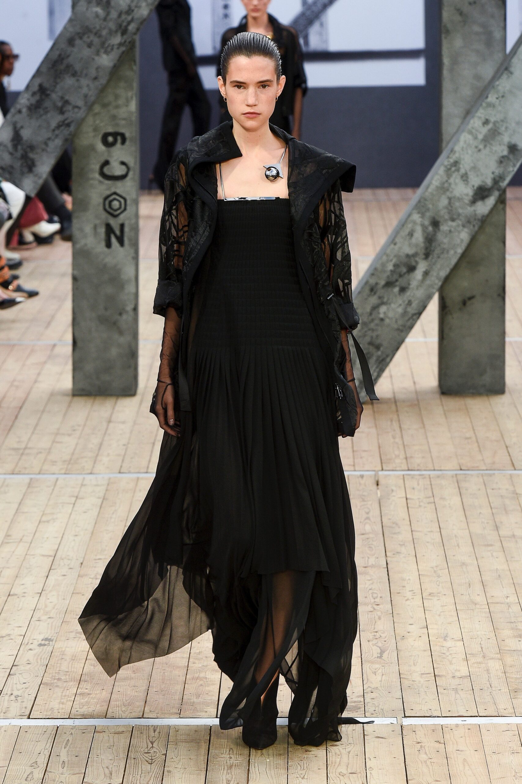 black silk long-sleeve collared relaxed layered sheer coat