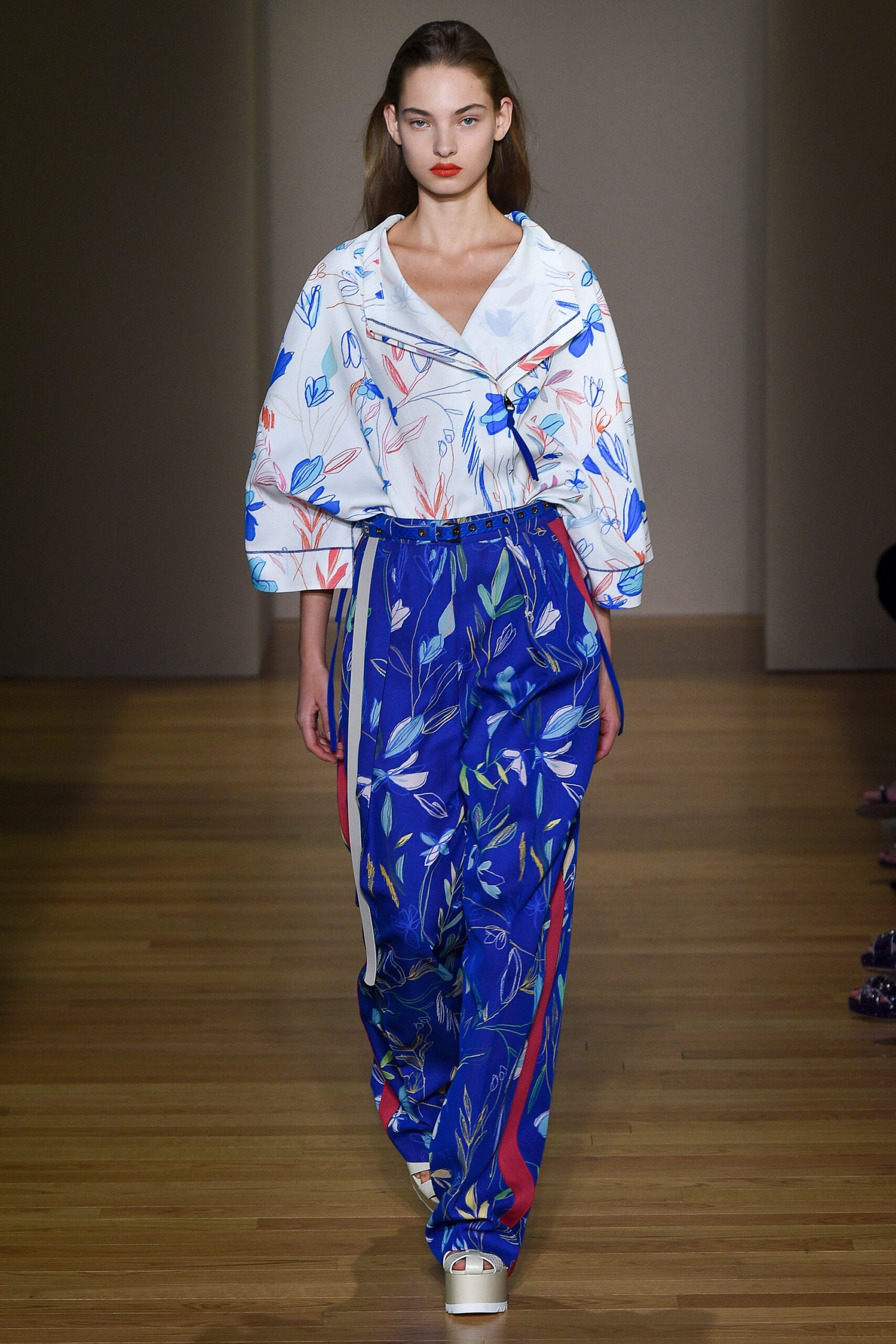 printed jacket and relaxed pants