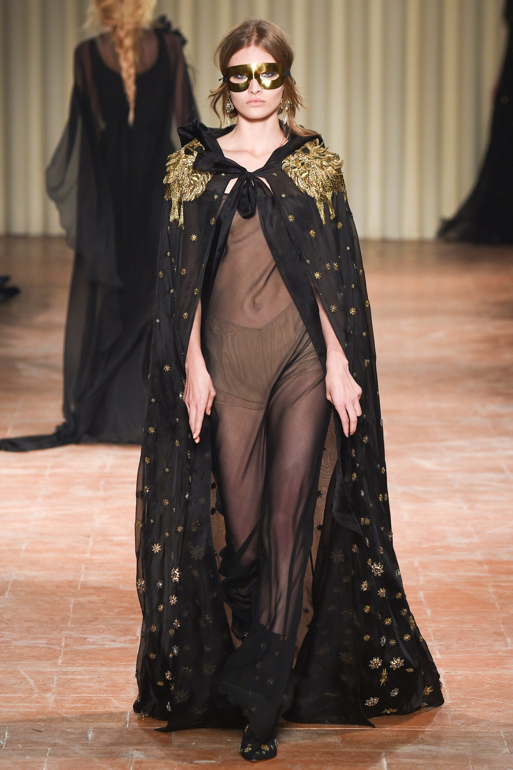black silk long-sleeve collared relaxed embroidered sheer cape