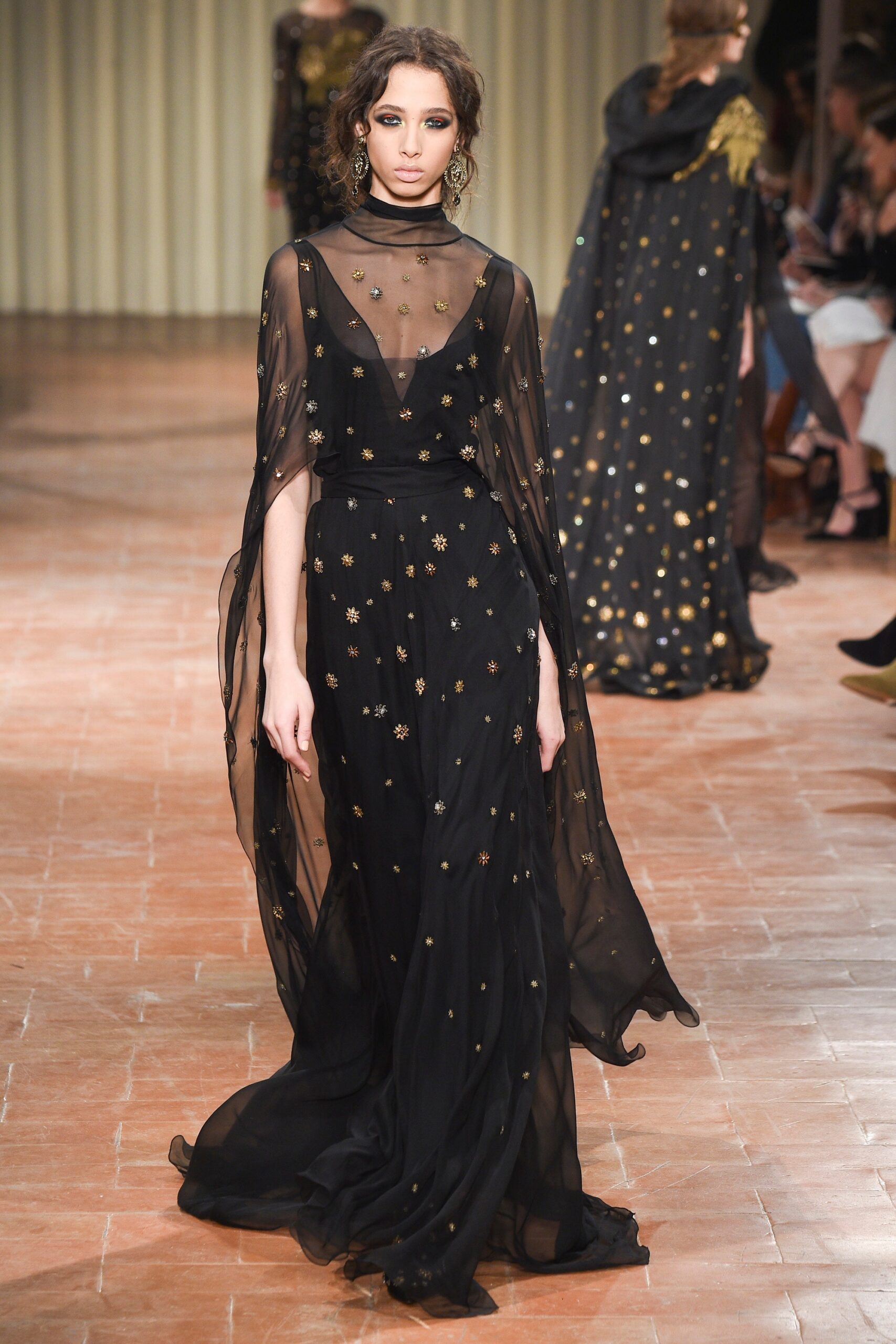 black chiffon long-sleeve relaxed layered sheer cape