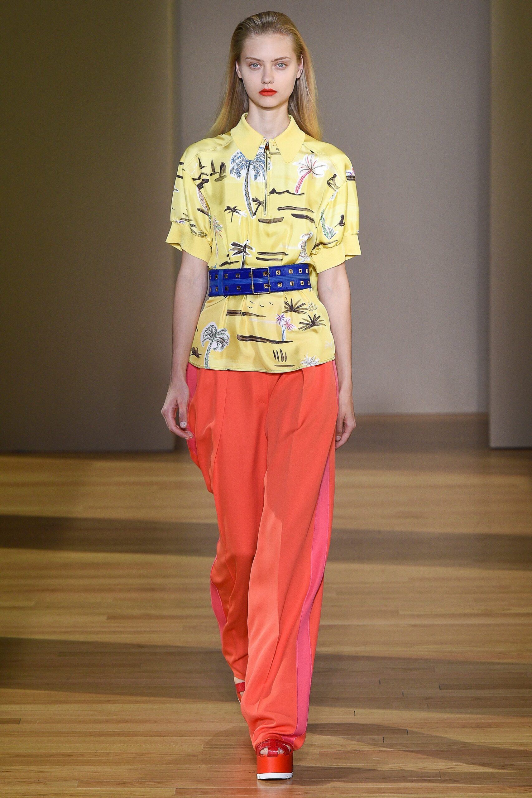 yellow printed shirt with wide-leg pants