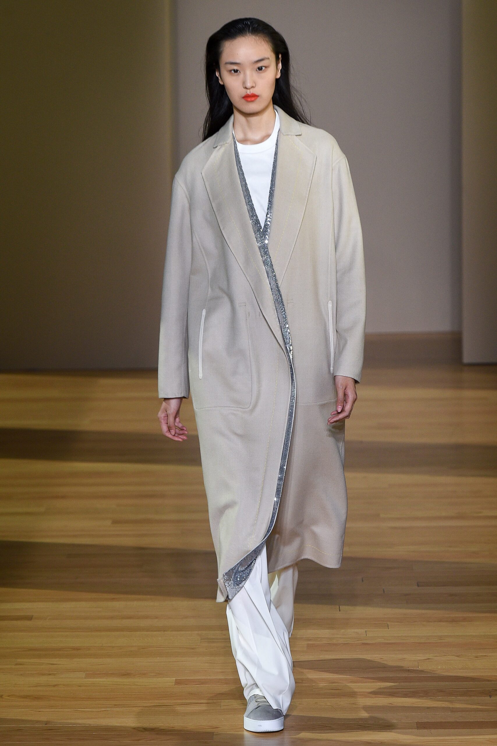 beige wool coat with white shirt