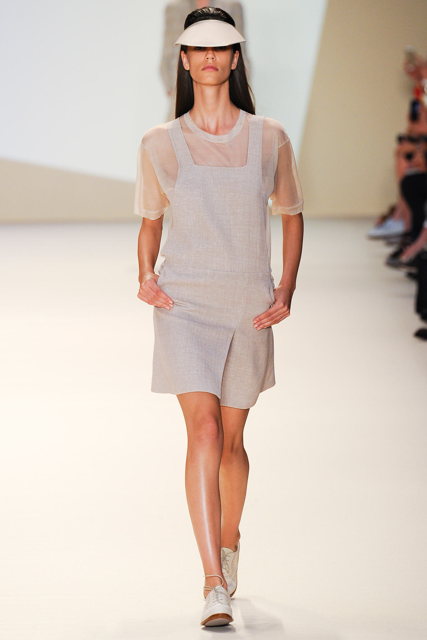 beige cotton romper with sheer top