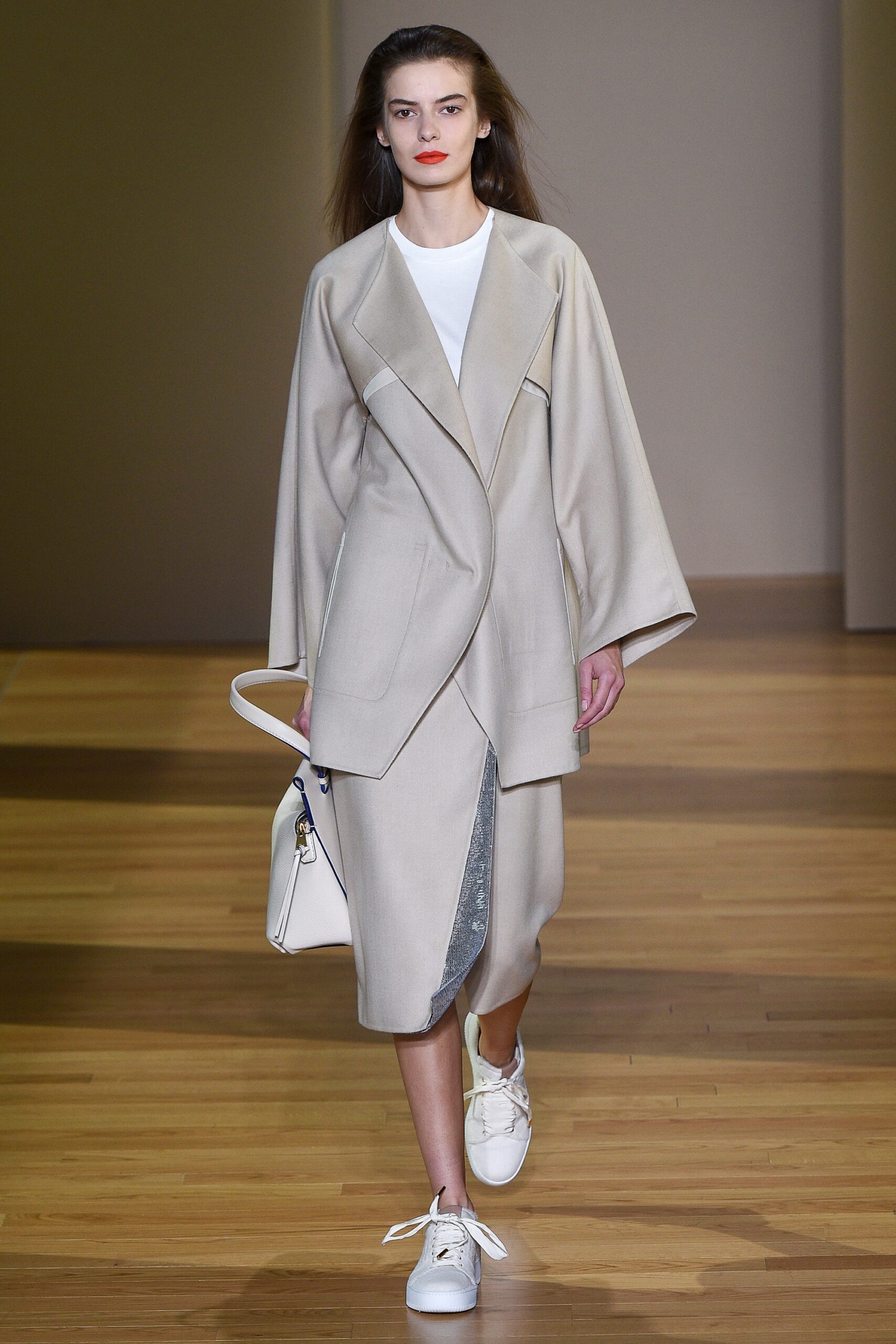 beige coat gray dress white shoes