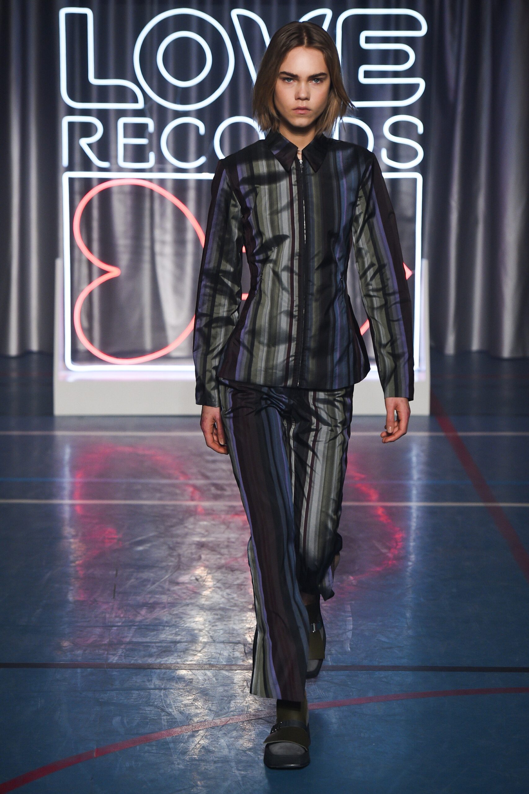 black and gray striped silk outfit