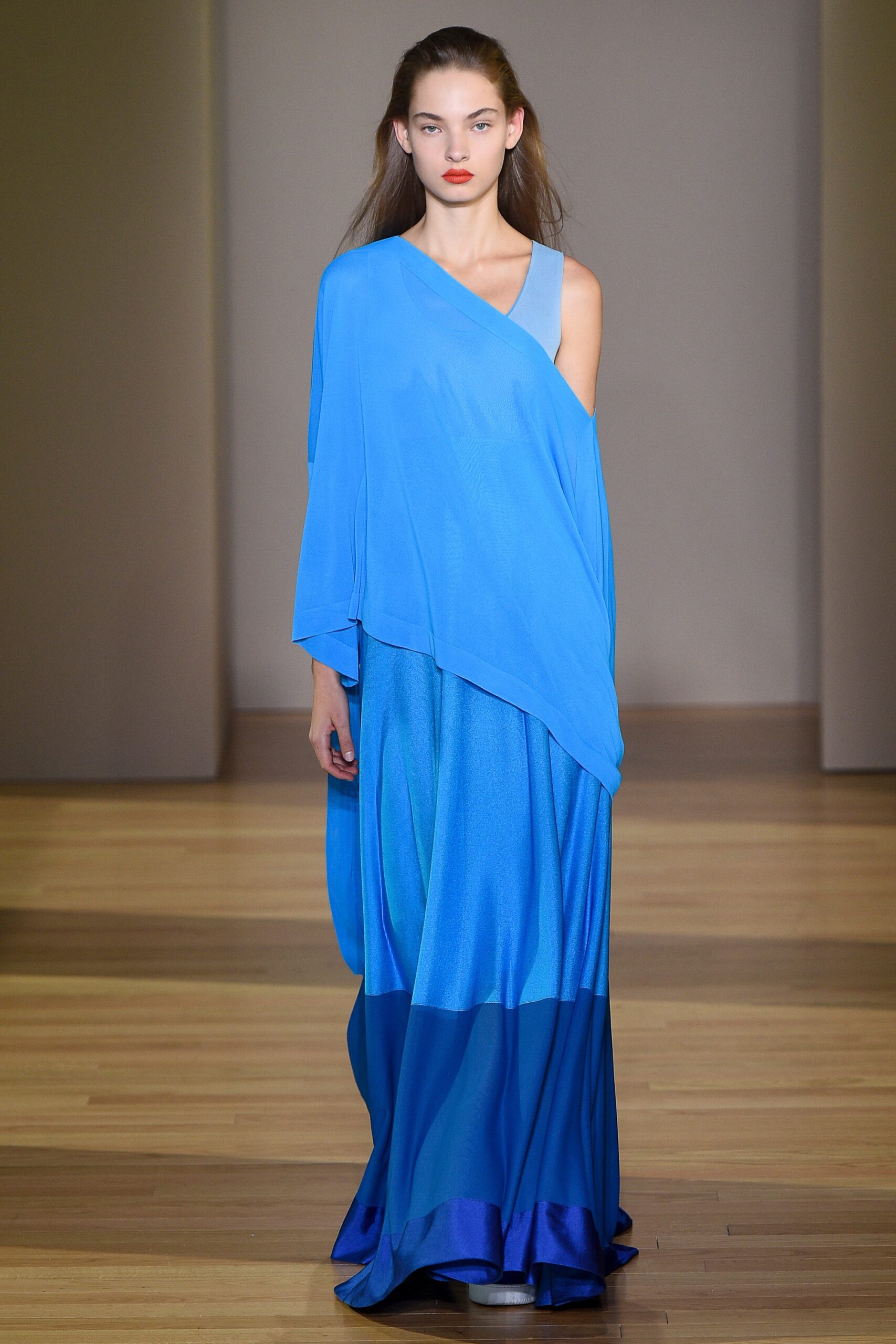 blue asymmetric draped maxi dress