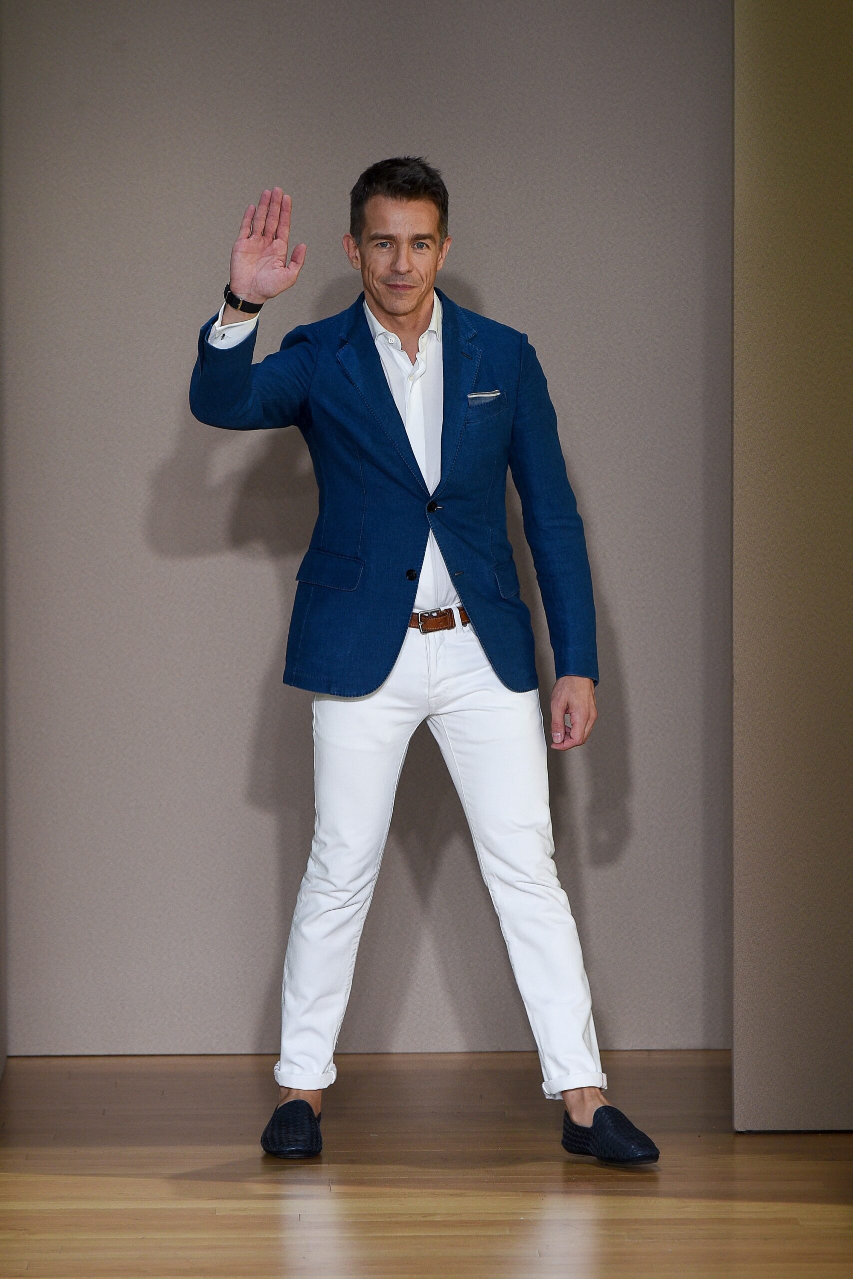 blue tailored blazer with white pants