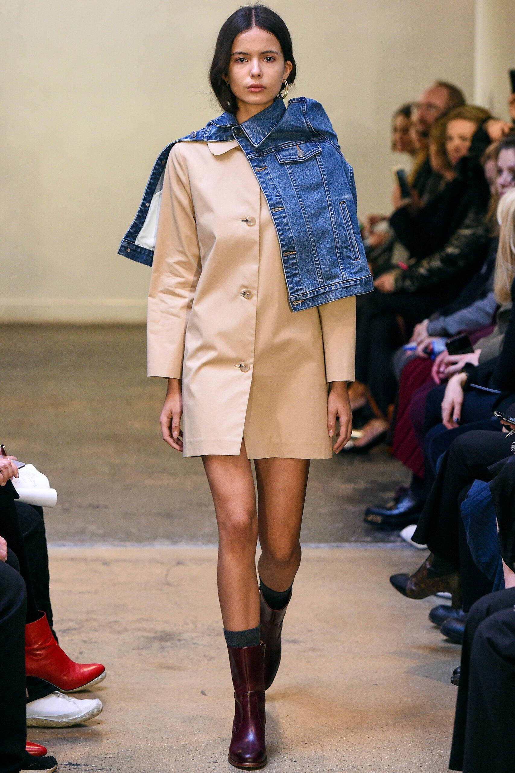 beige mini dress with denim jacket
