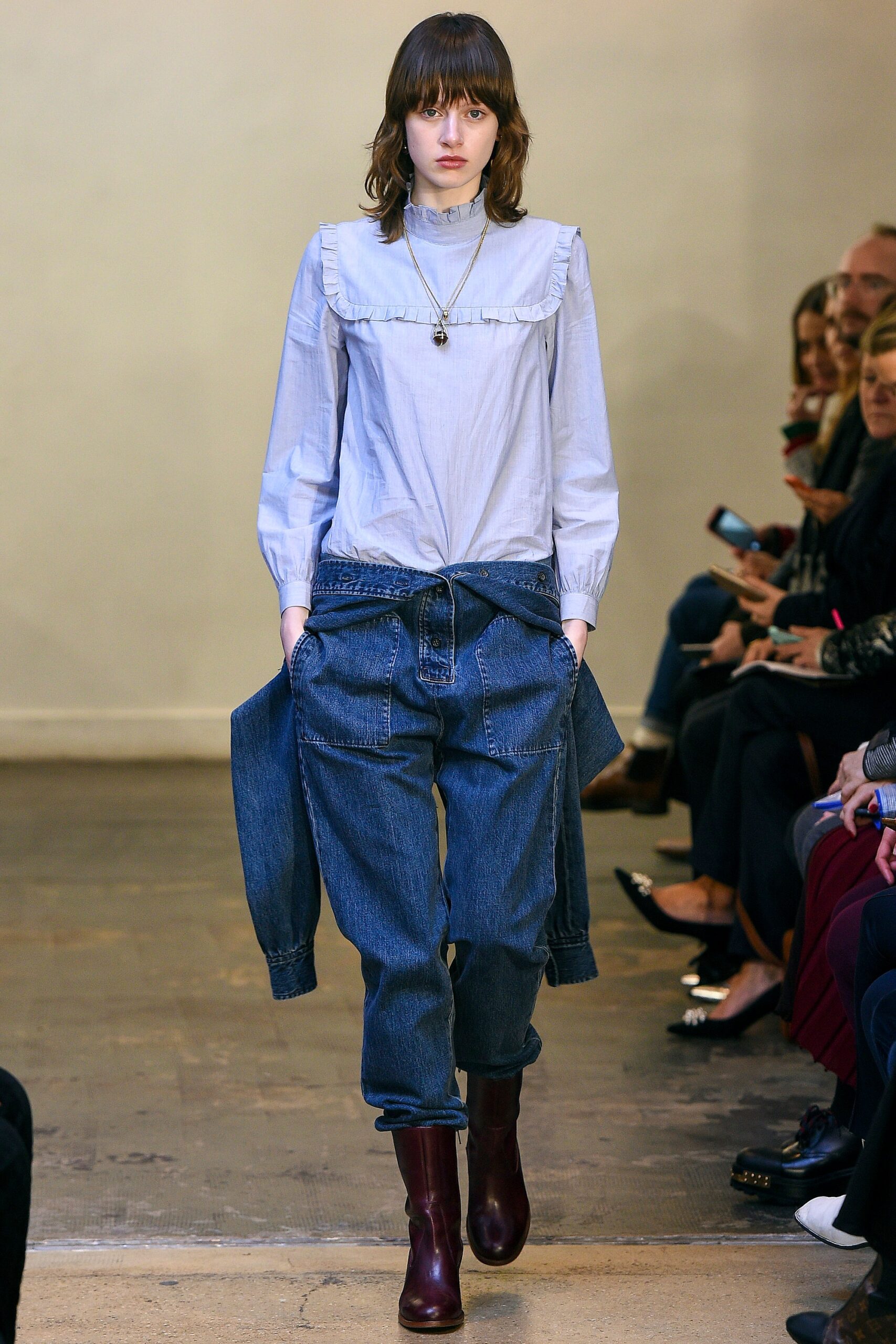 blue cotton shirt with relaxed denim pants