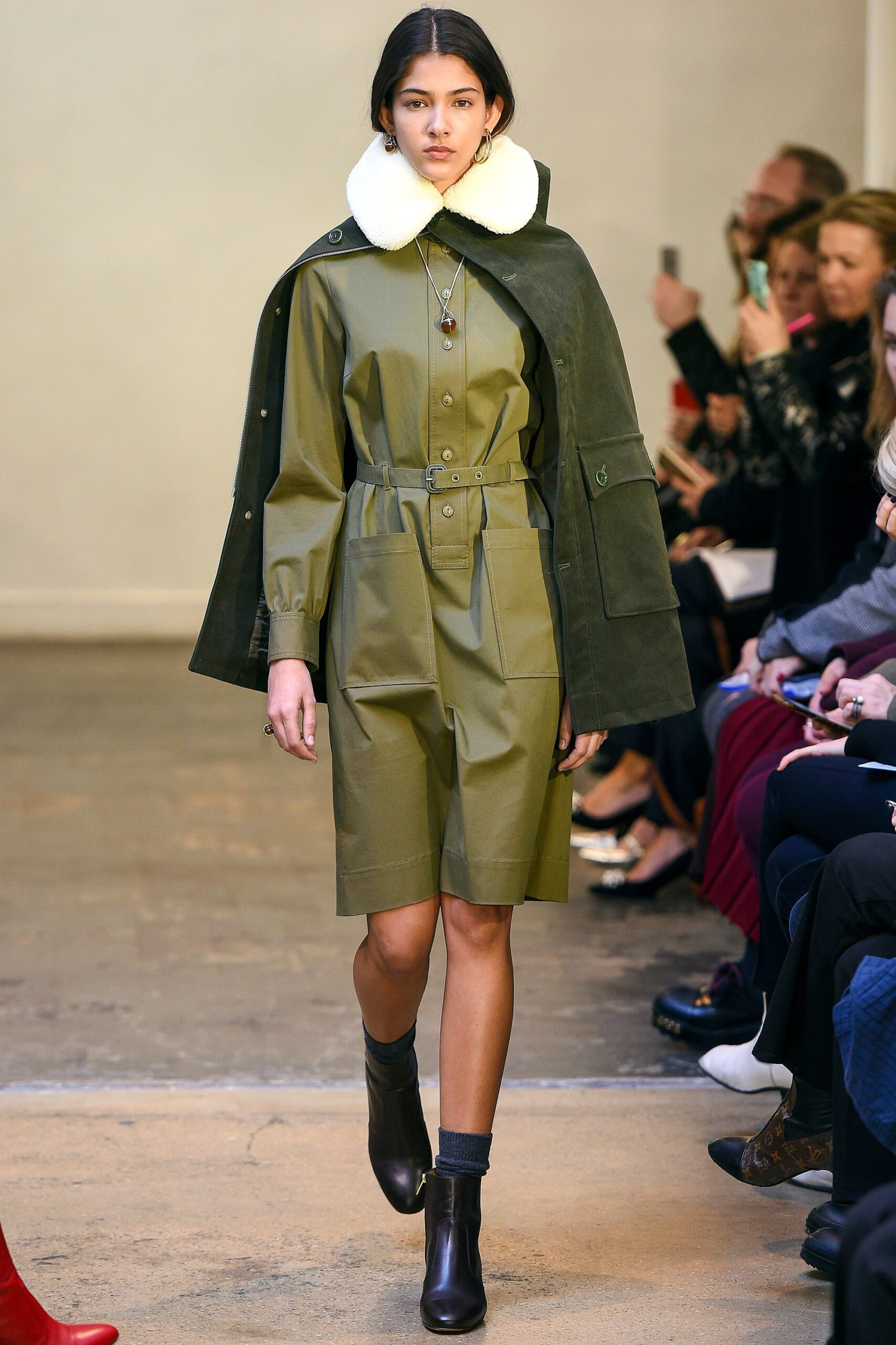 green cotton long-sleeve collared fitted buttoned mini dress