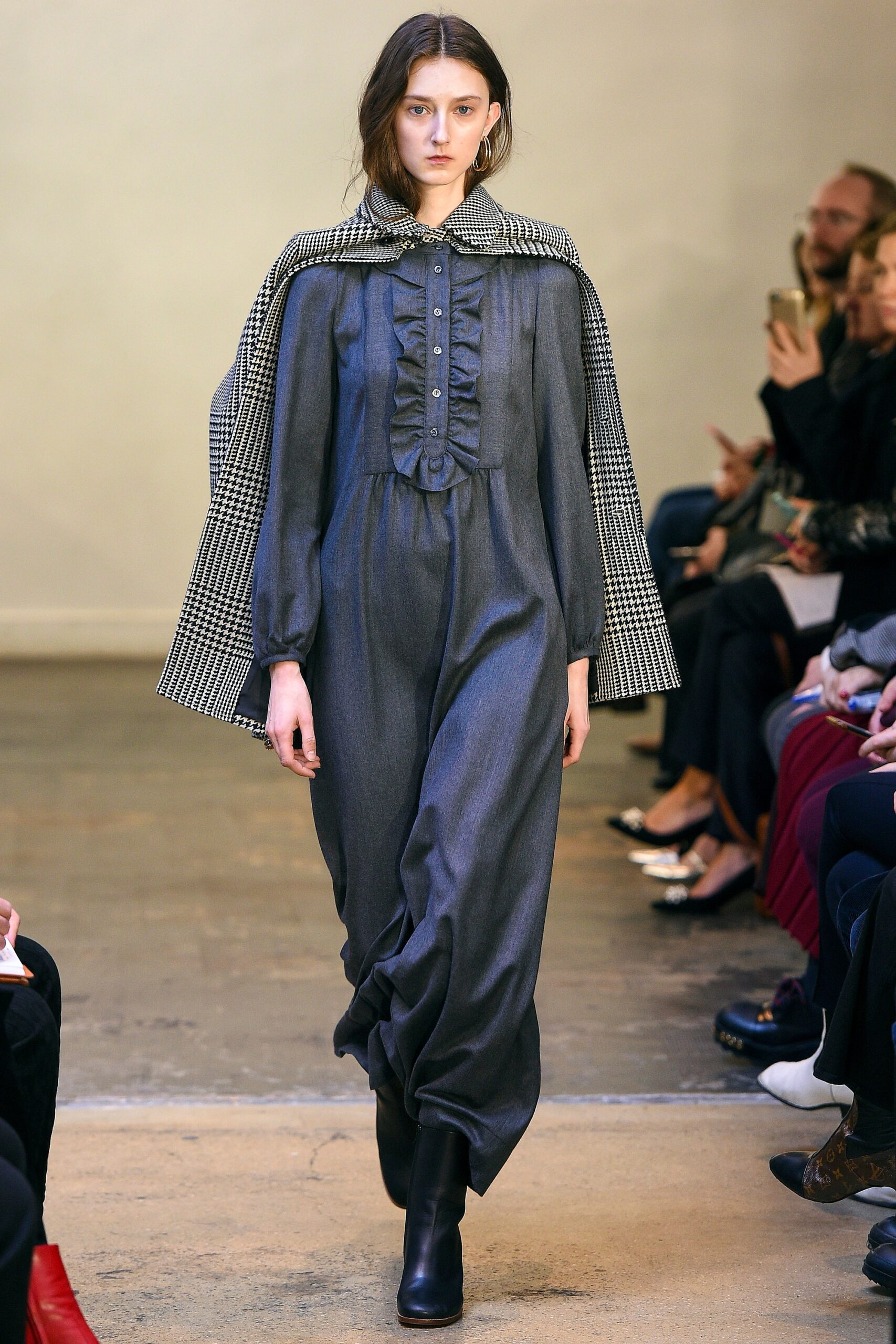 gray relaxed midi dress with checkered cape