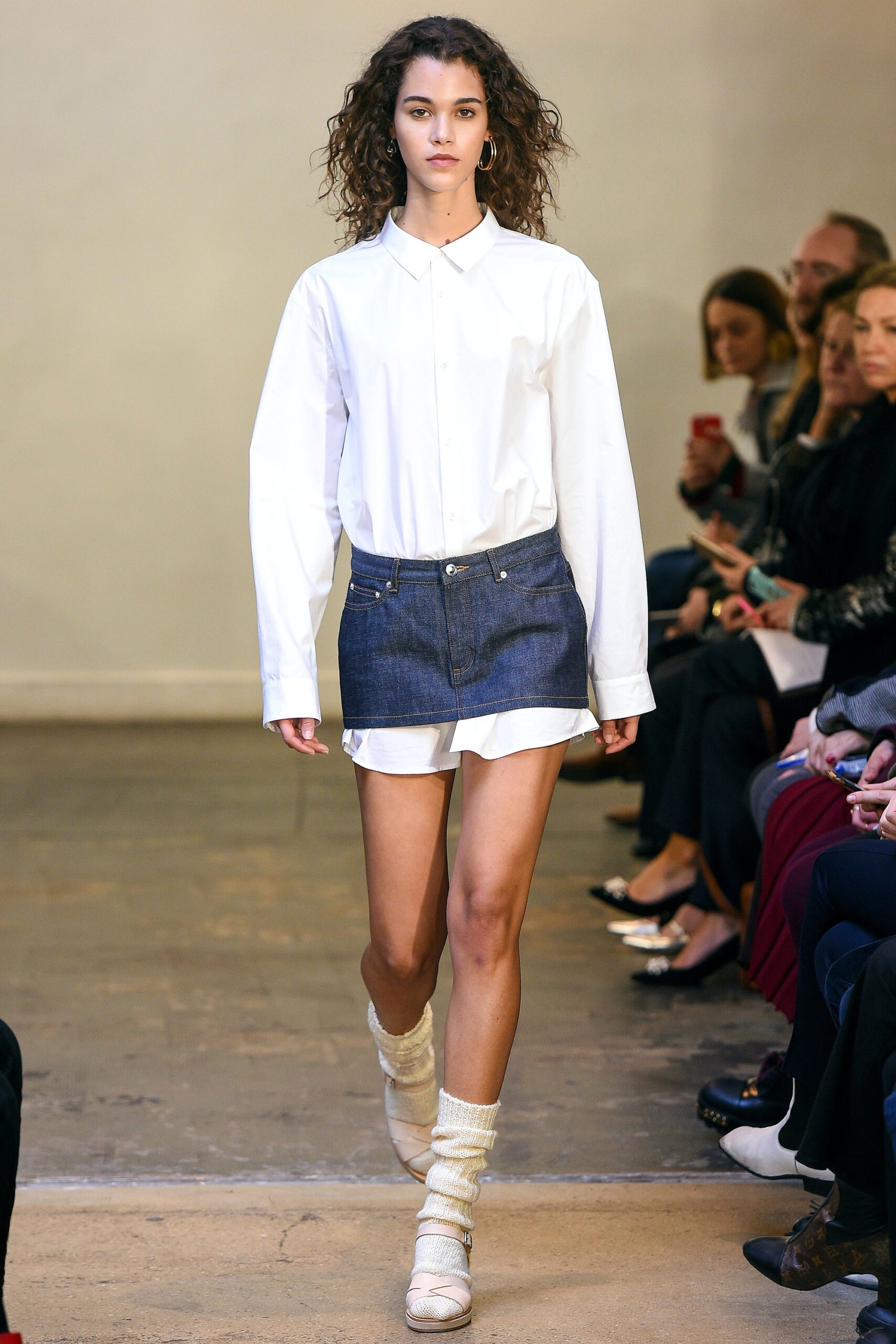 white cotton shirt with blue denim skirt