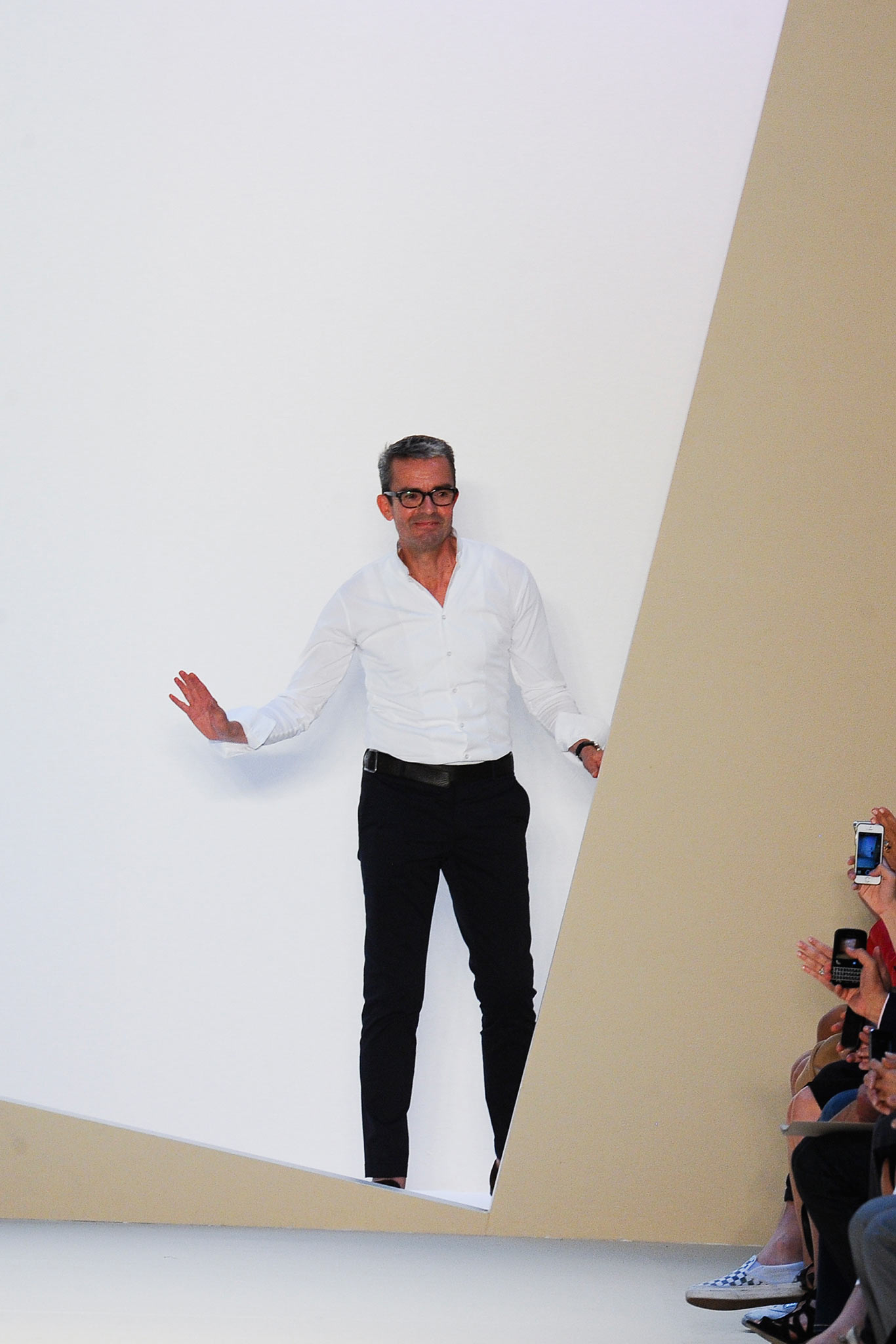 fitted white shirt and black pants