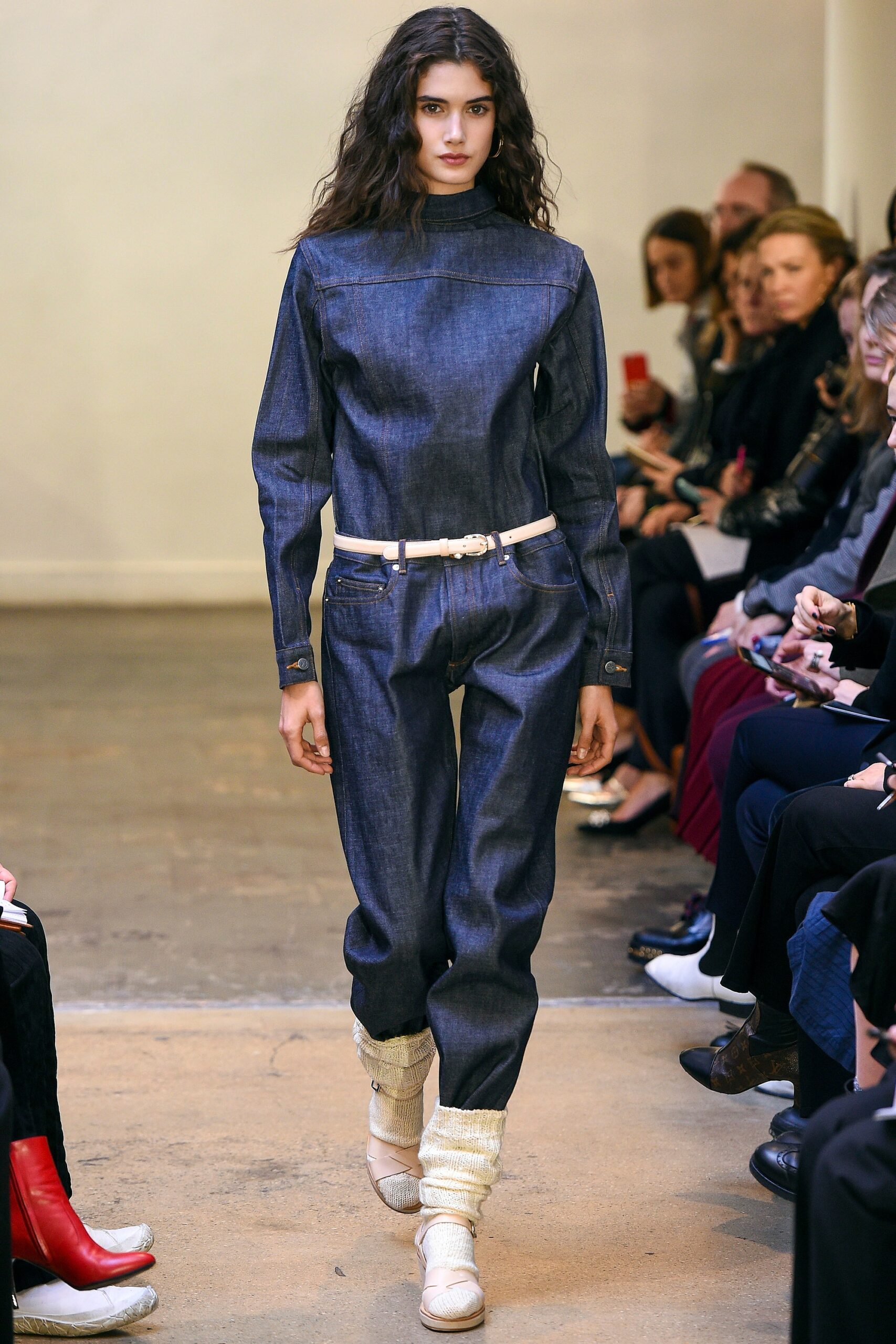 blue denim fitted jumpsuit