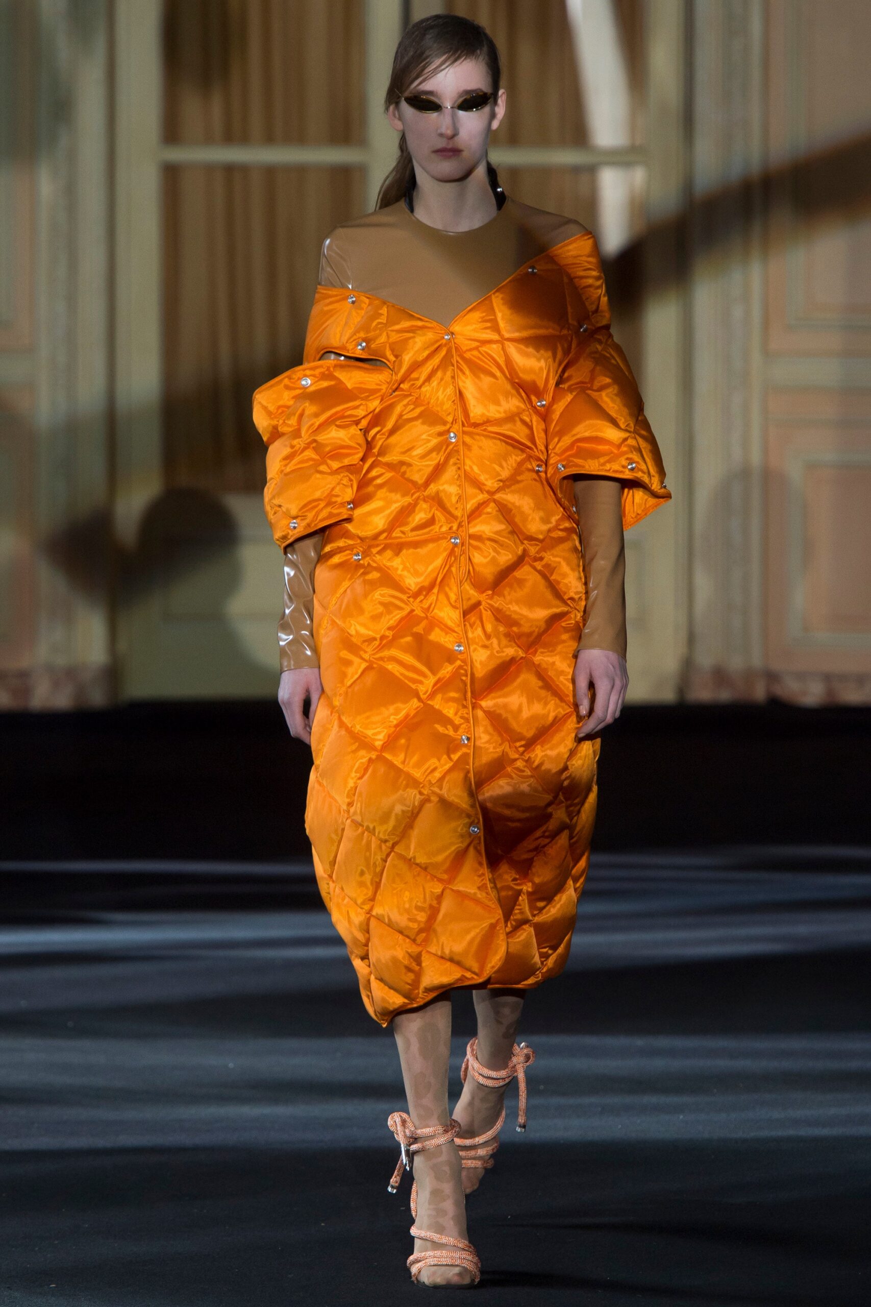 orange quilted midi dress