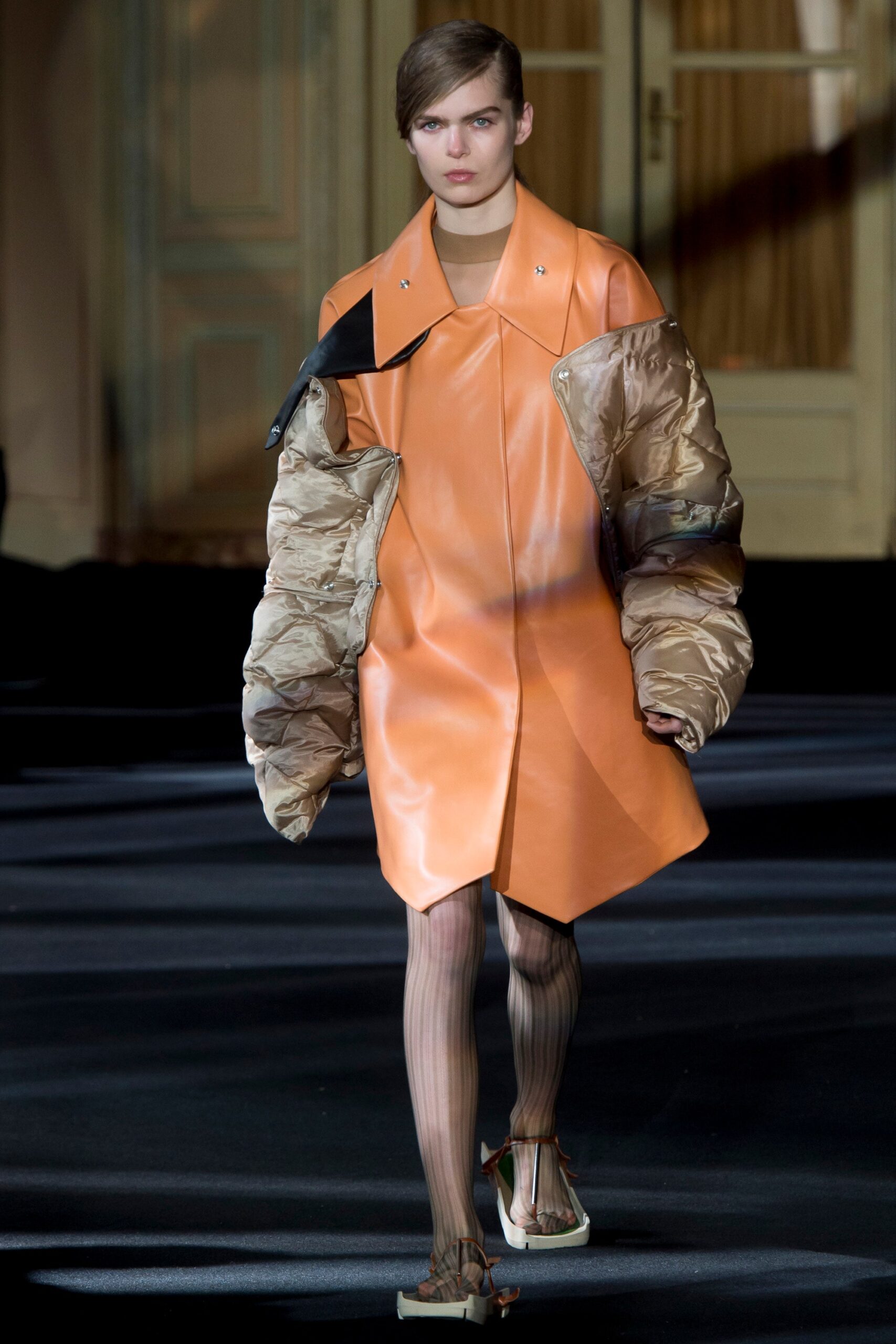 orange leather fitted coat with oversized jacket