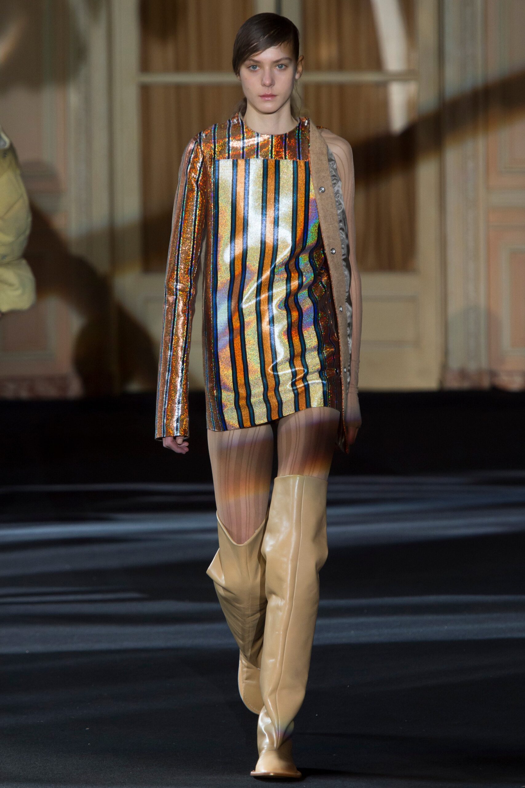 multi-colored mini dress with beige boots