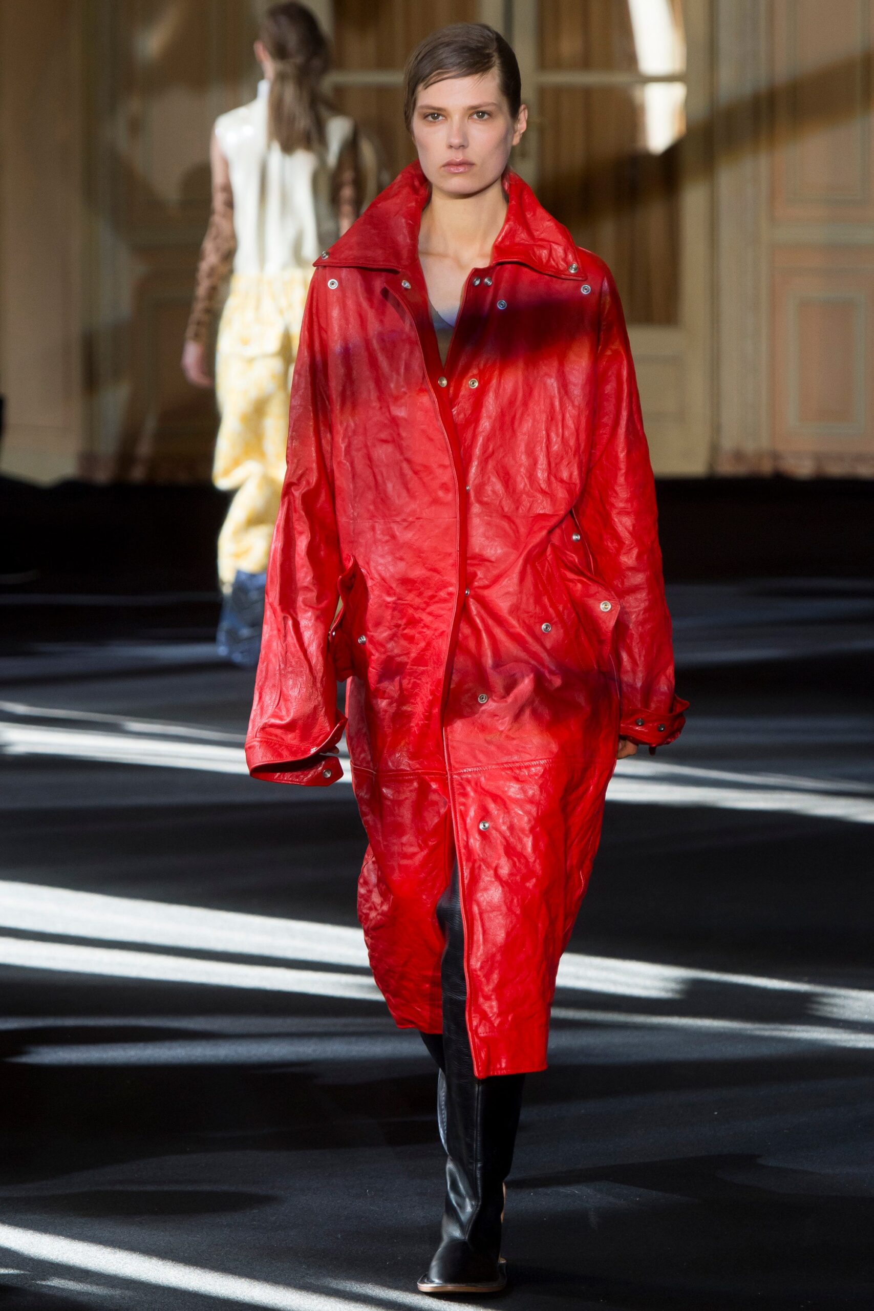 oversized red leather coat