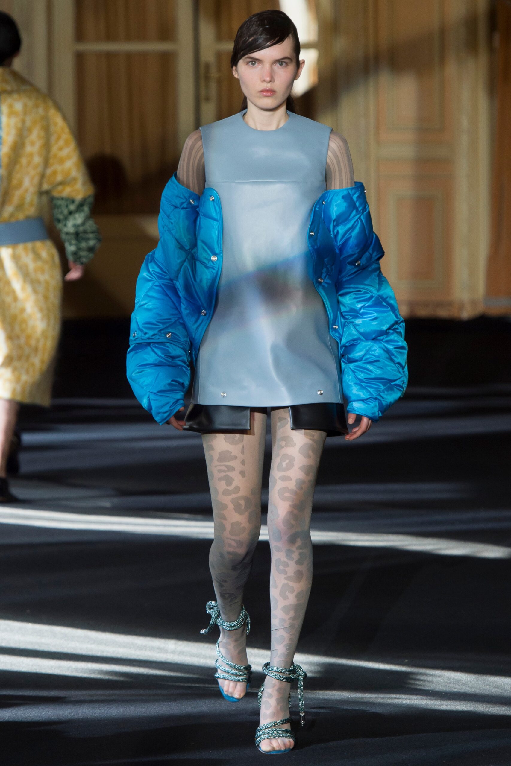blue vinyl mini dress with oversized jacket