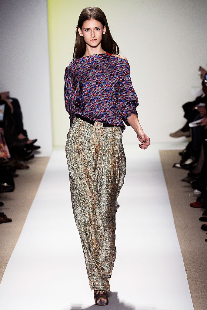 purple silk long-sleeve off-shoulder relaxed printed top