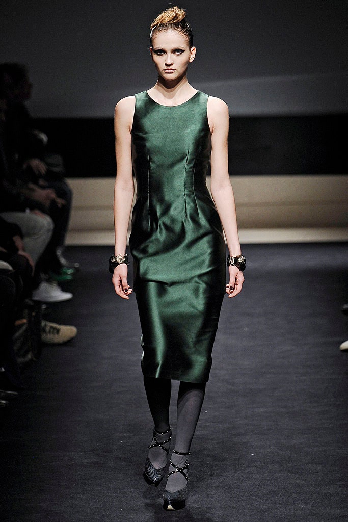 fitted green silk midi dress