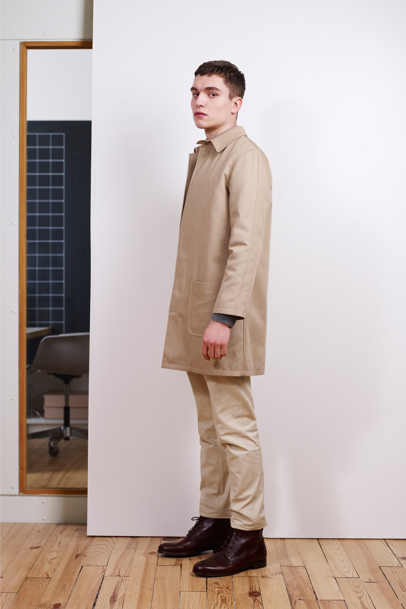beige cotton coat with slim pants
