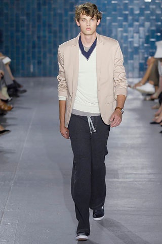 beige tailored blazer with gray pants